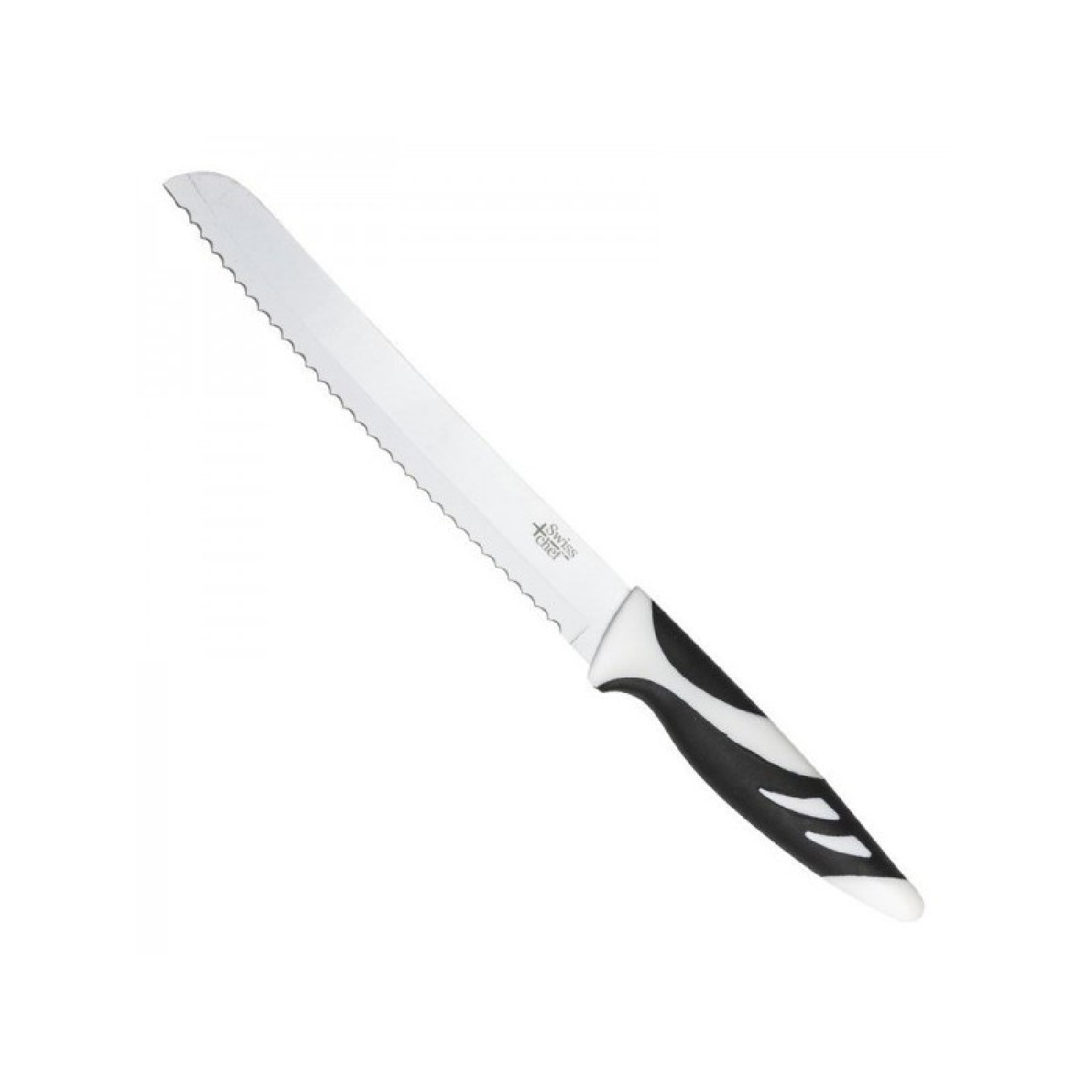 Un cuchillo de pan con sierra y mango blanco y negro. La hoja es plateada, y el mango tiene detalles en blanco y negro.