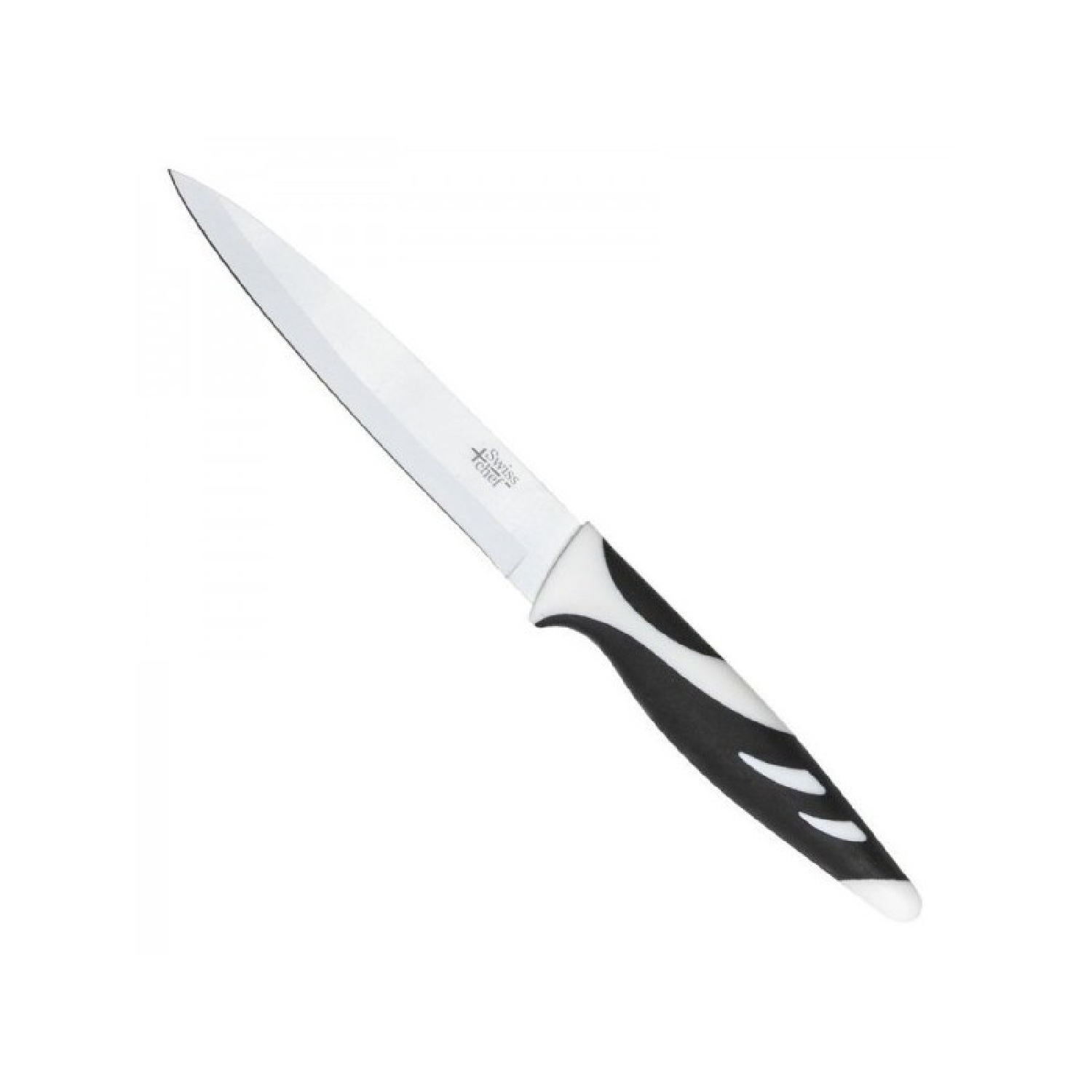 Un cuchillo de cocina con una hoja blanca y un mango blanco y negro. El cuchillo está en ángulo diagonal. El fondo es blanco.