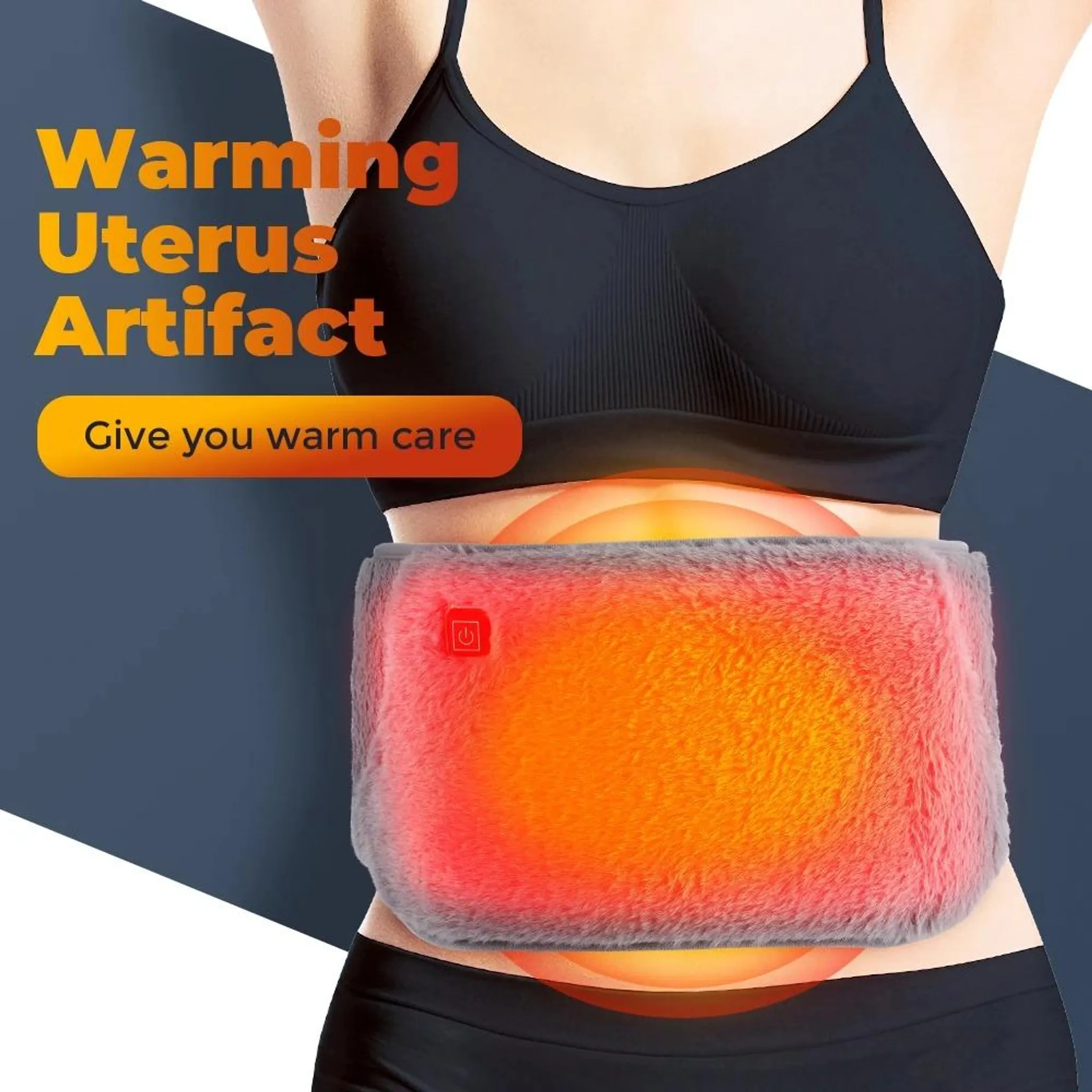 Das Bild zeigt eine Frau mit einem Heizkissen auf dem Bauch. Text sagt 'Wärmendes Uterus-Artefakt'.