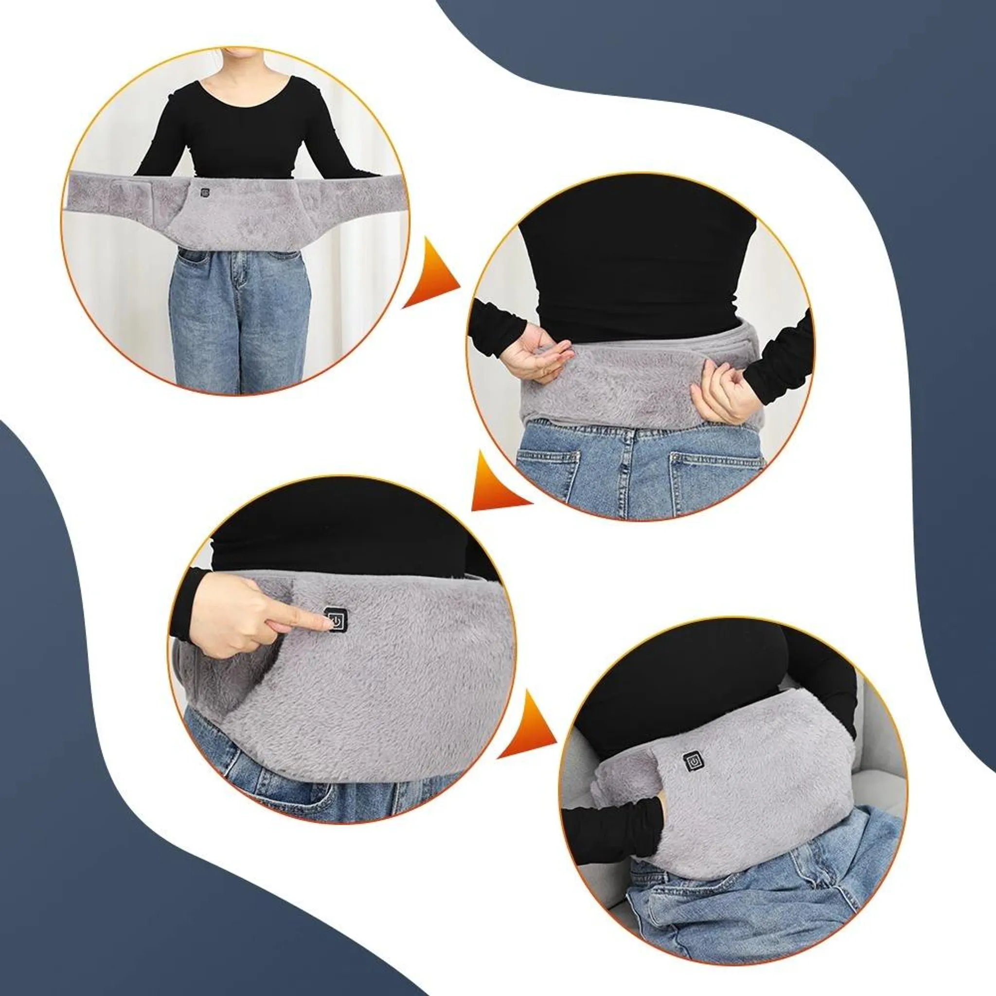 Das Bild zeigt eine Person, die ein graues Heizkissen um die Taille trägt. Das Pad hat einen Einschaltknopf.