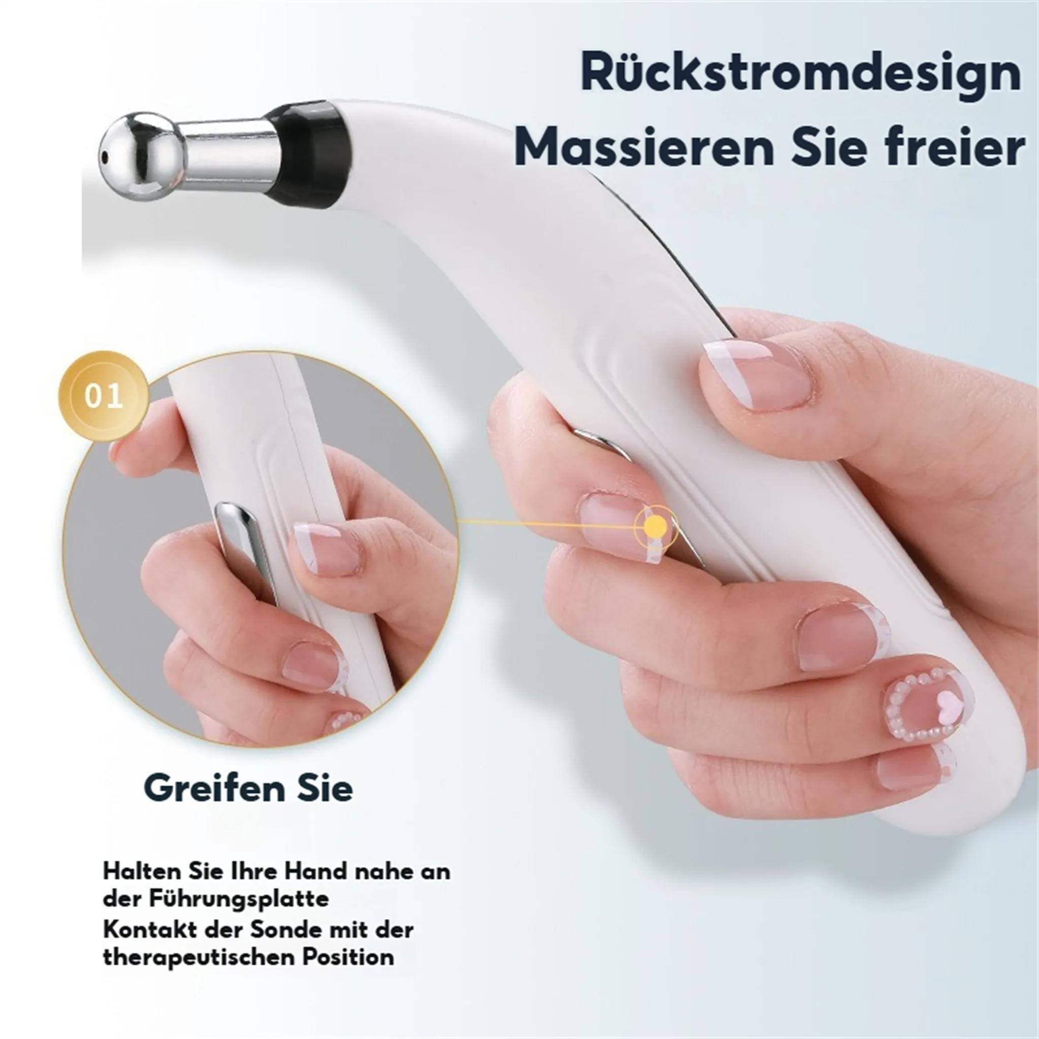 Eine Hand hält ein weißes Schönheitsgerät. Das Gerät hat eine metallische Spitze. Text auf Deutsch ist vorhanden.