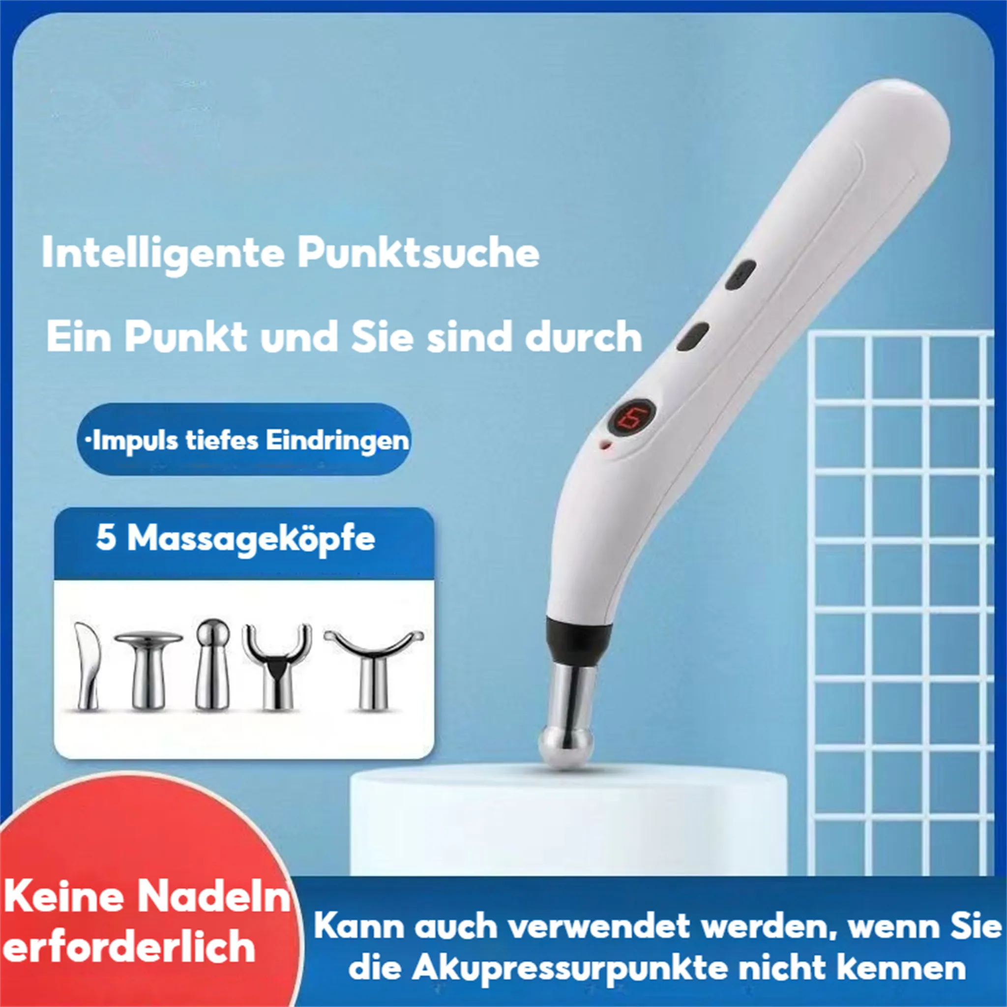 Ein weißer Akupunkturstift mit digitaler Anzeige steht auf einer weißen Plattform. Text auf Deutsch beschreibt den Stift und seine Funktionen.