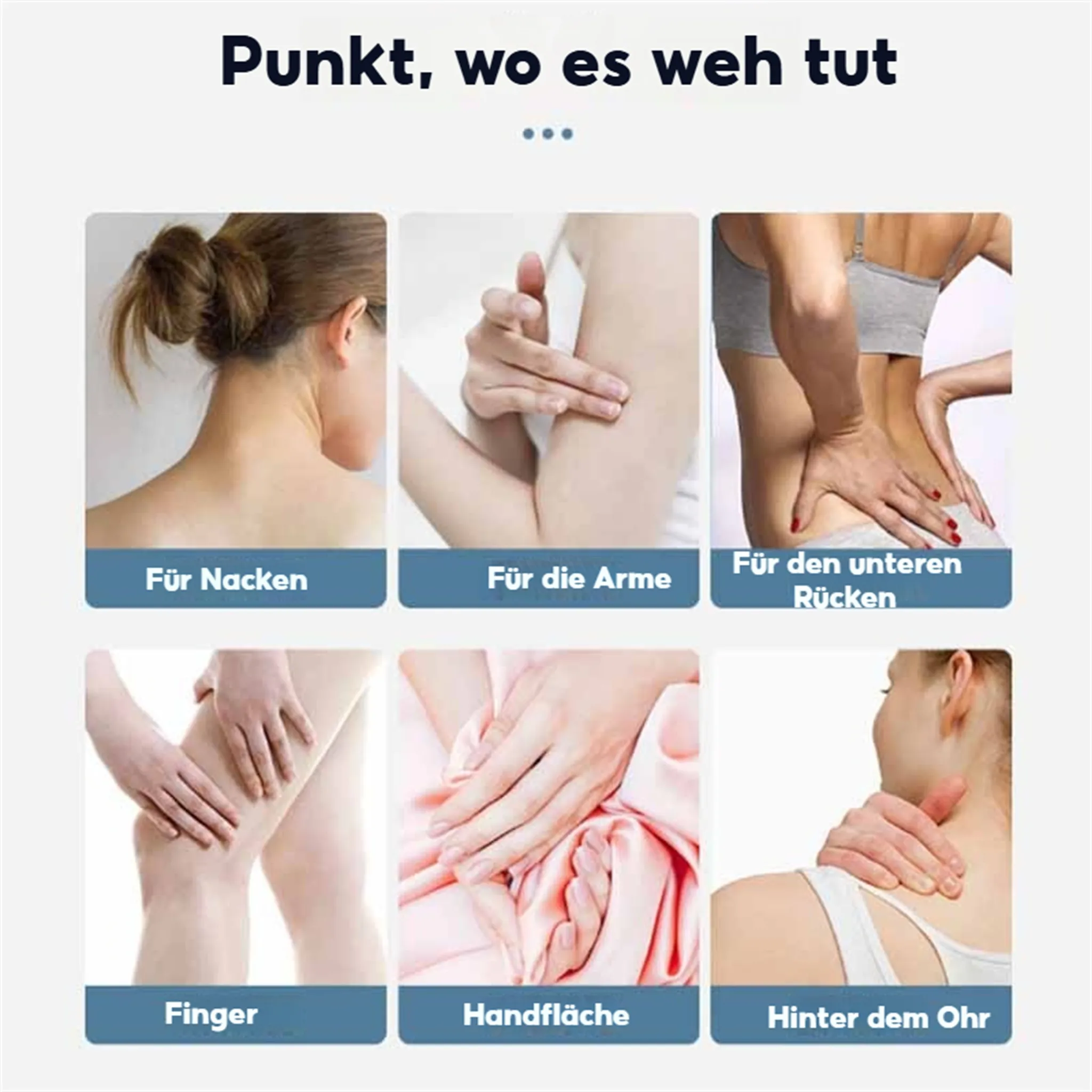 Das Bild zeigt Körperteile: Nacken, Arme, Rücken, Finger, Handfläche und hinter dem Ohr. Text zeigt, wo es weh tut.