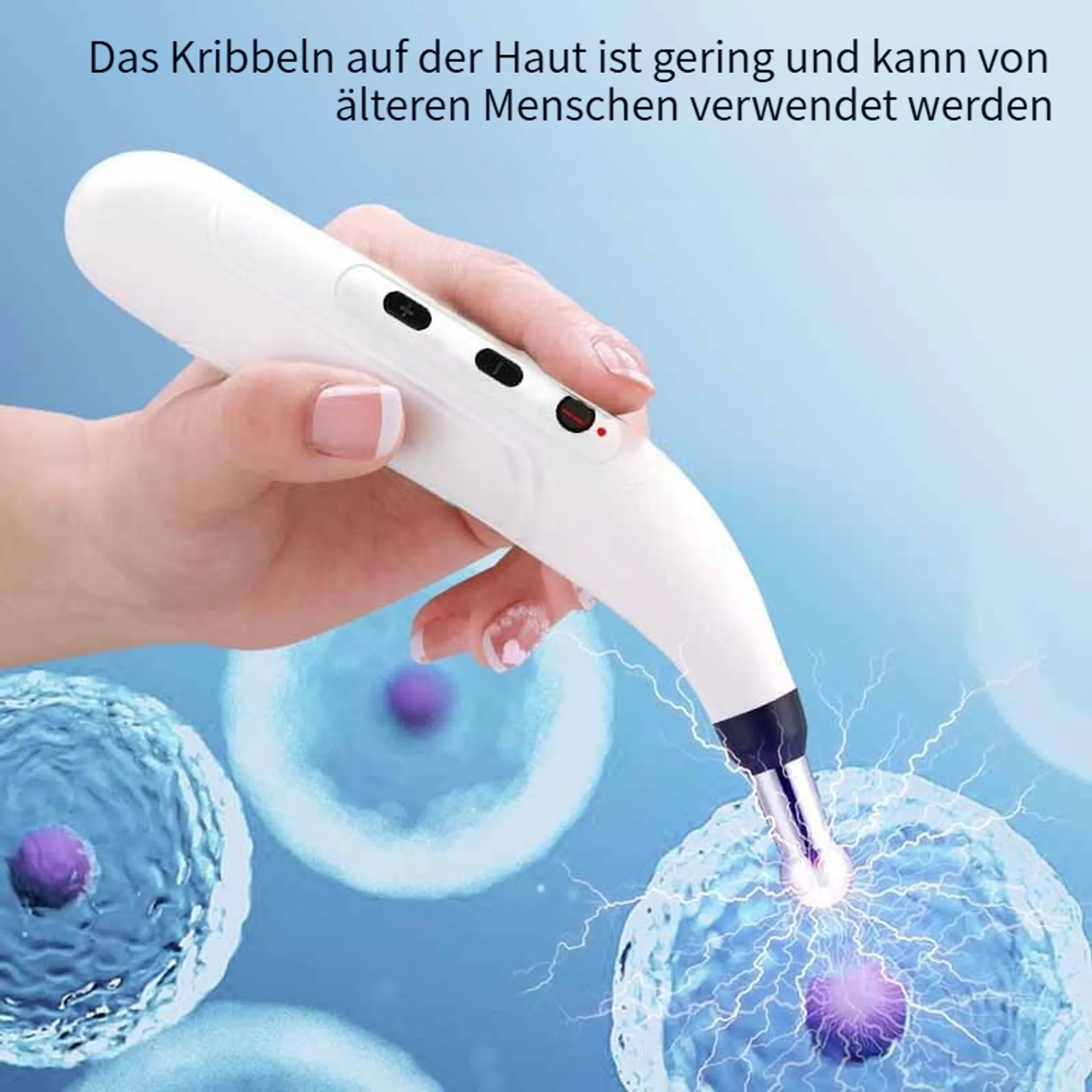 Eine Hand hält ein weißes Gerät, das einen Funken auf eine blaue Zelle abgibt. Das Bild hat auch Text auf Deutsch.