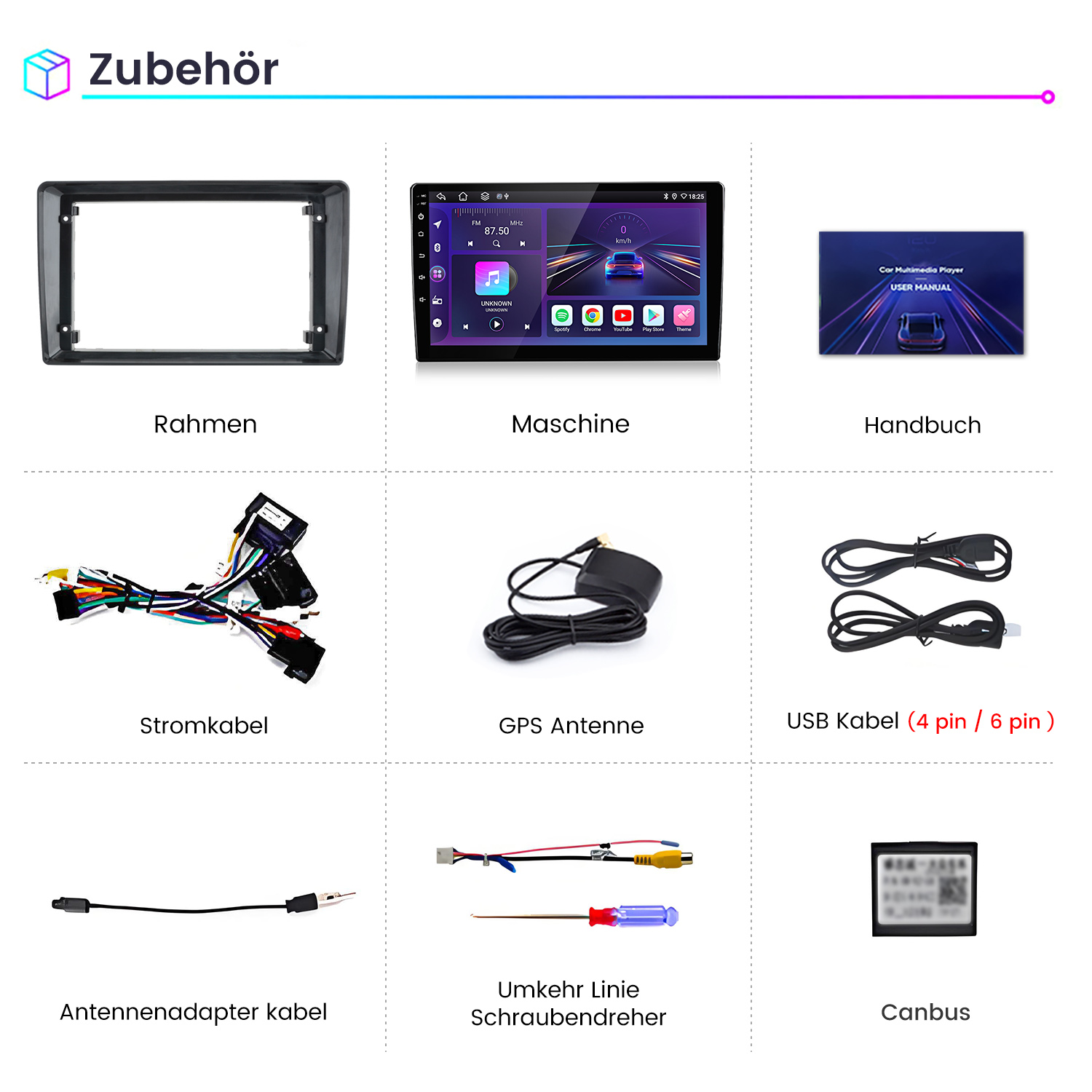 Das Bild zeigt Zubehör für Auto-Multimedia, darunter ein Rahmen, eine Maschine, ein Handbuch, Kabel, eine Antenne und ein Schraubendreher.