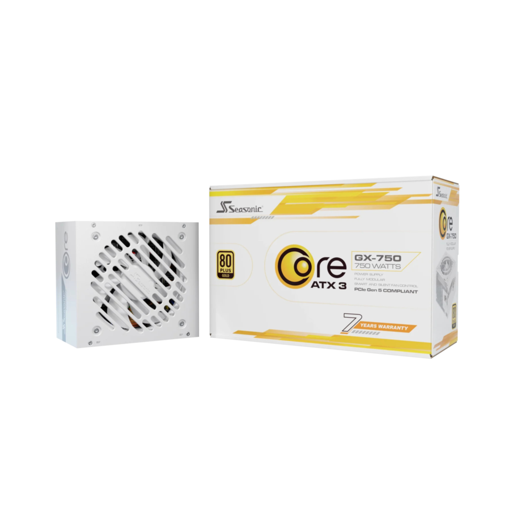 Een witte Seasonic voeding en de doos staan op een wit oppervlak. De doos heeft gele en zwarte details.