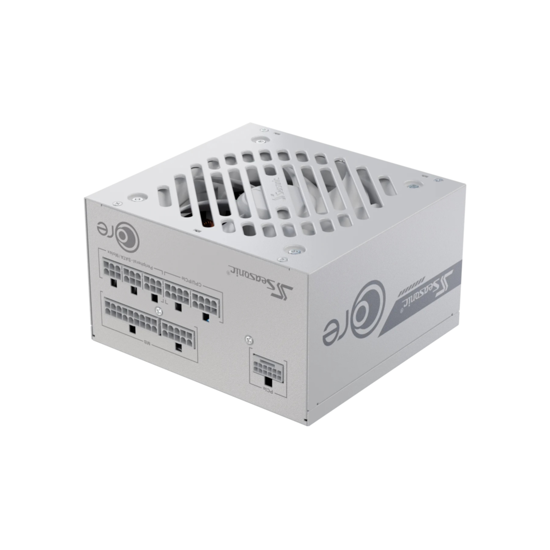Een zilveren Seasonic Core voeding. Het heeft meerdere poorten en een ventilator. De merknaam is zichtbaar.