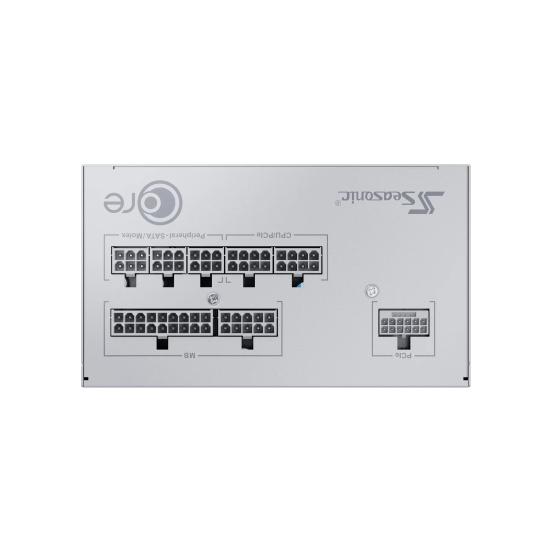Een zilveren Seasonic voeding. Het heeft meerdere connectoren voor MB, CPU/PCIe en randapparatuur.