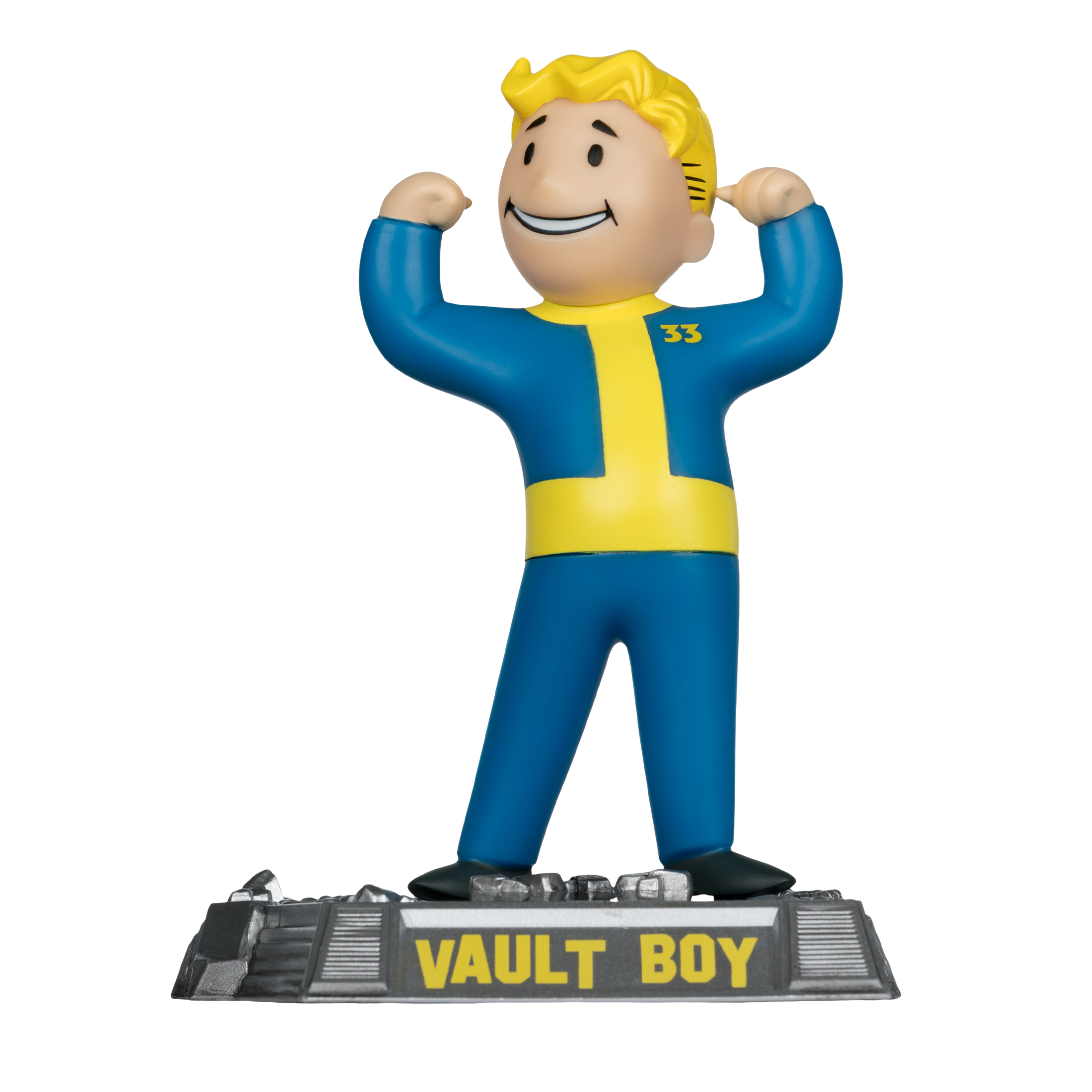 Figura di Vault Boy in tuta blu e gialla, che si flette. Si trova su una base con la scritta 'VAULT BOY'.