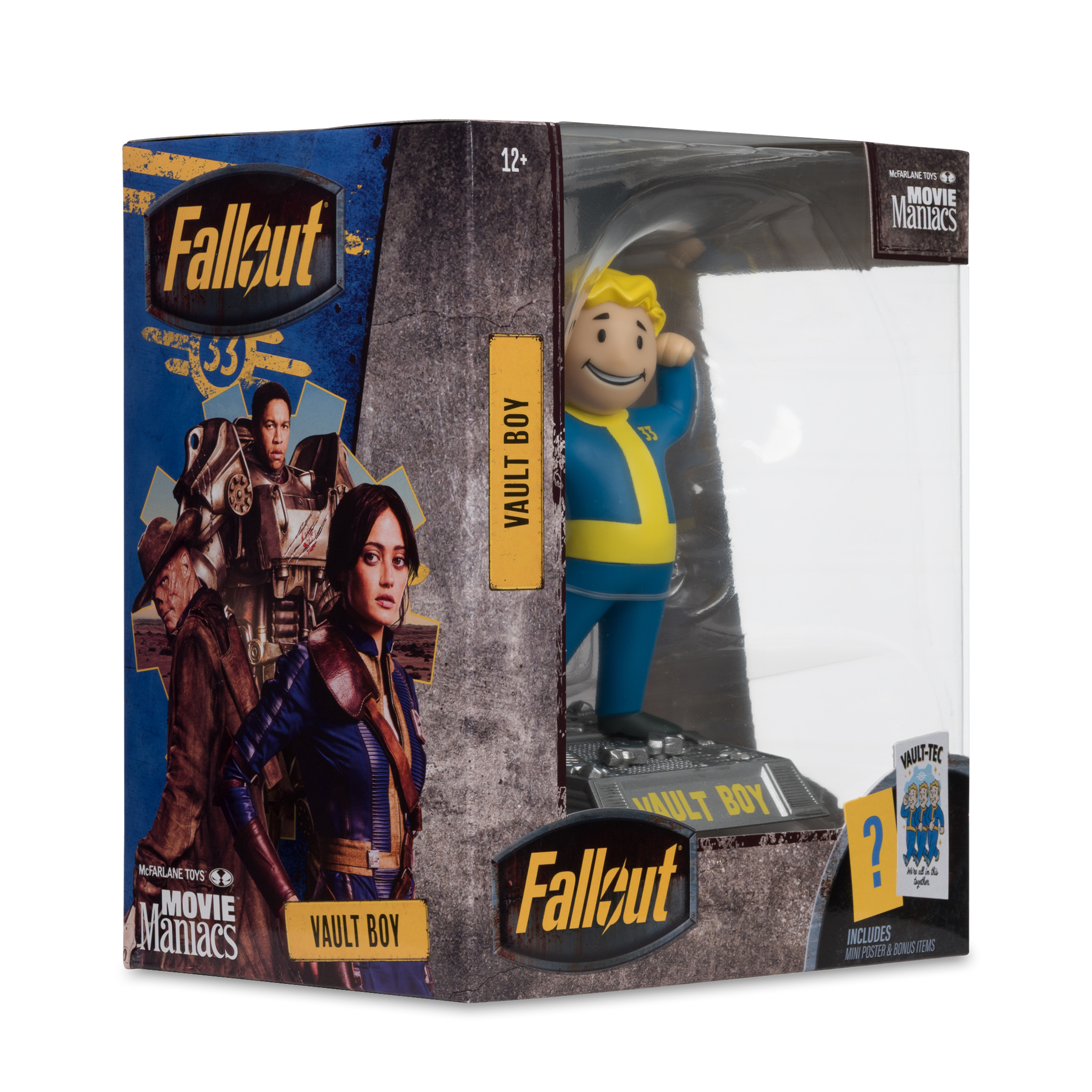 Un personaggio d'azione di Fallout Vault Boy in una scatola con grafica di Fallout. La scatola include altri personaggi.