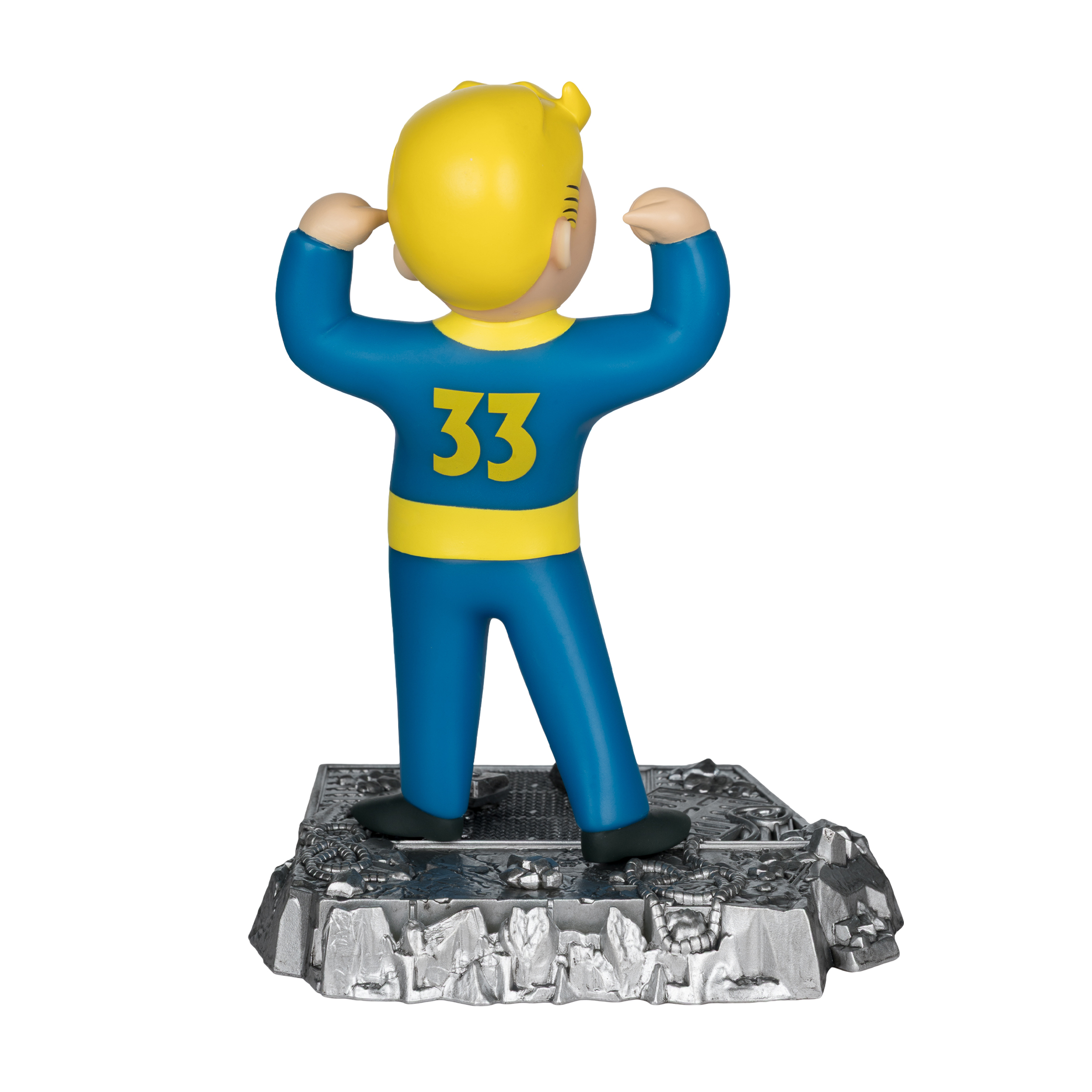 Statuina di una persona in tuta blu con il numero 33 giallo. Si trova su una base argentata e alza le braccia.