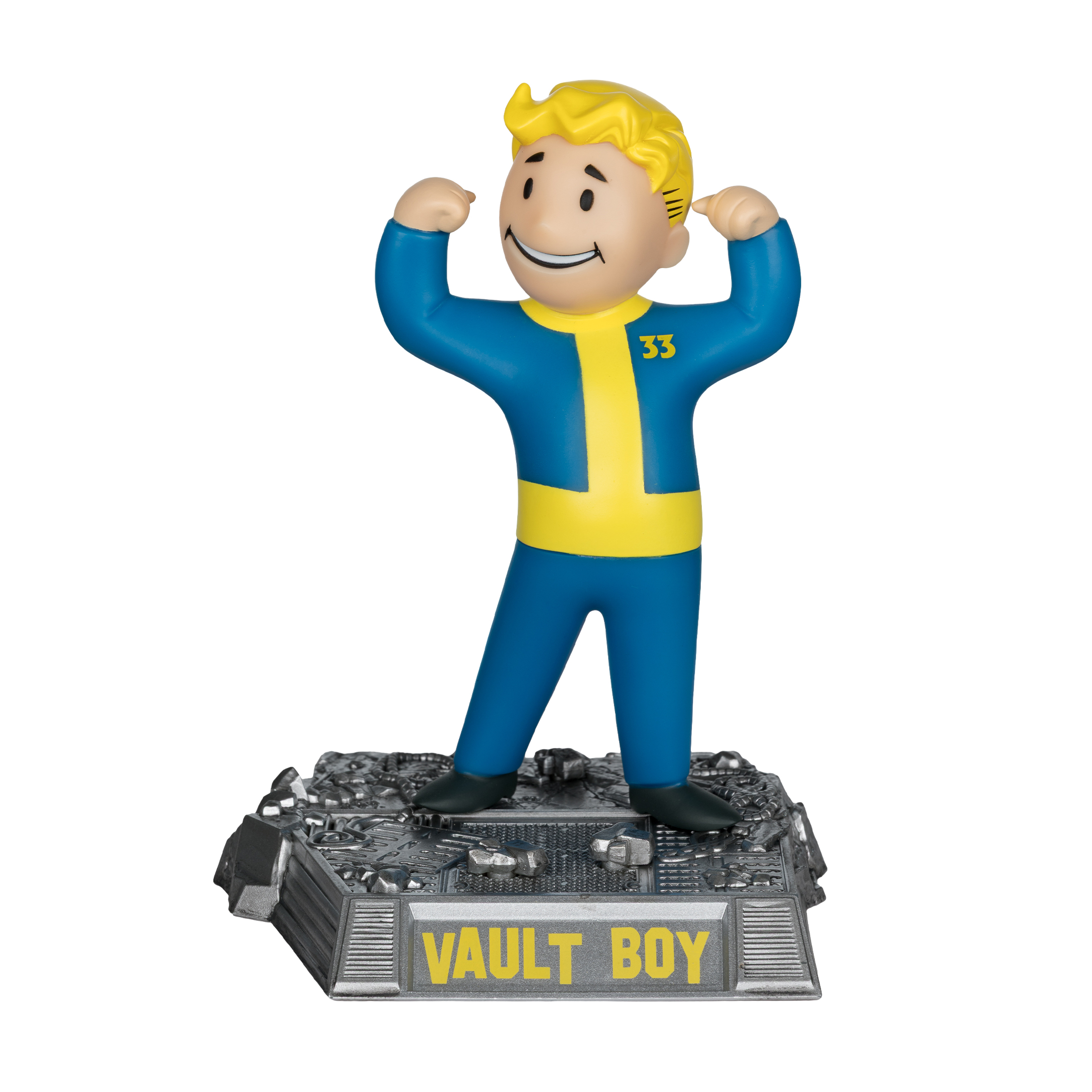 Statuetta di Vault Boy in completo blu e giallo, che mostra i muscoli. Base grigia con scritta 'VAULT BOY'.