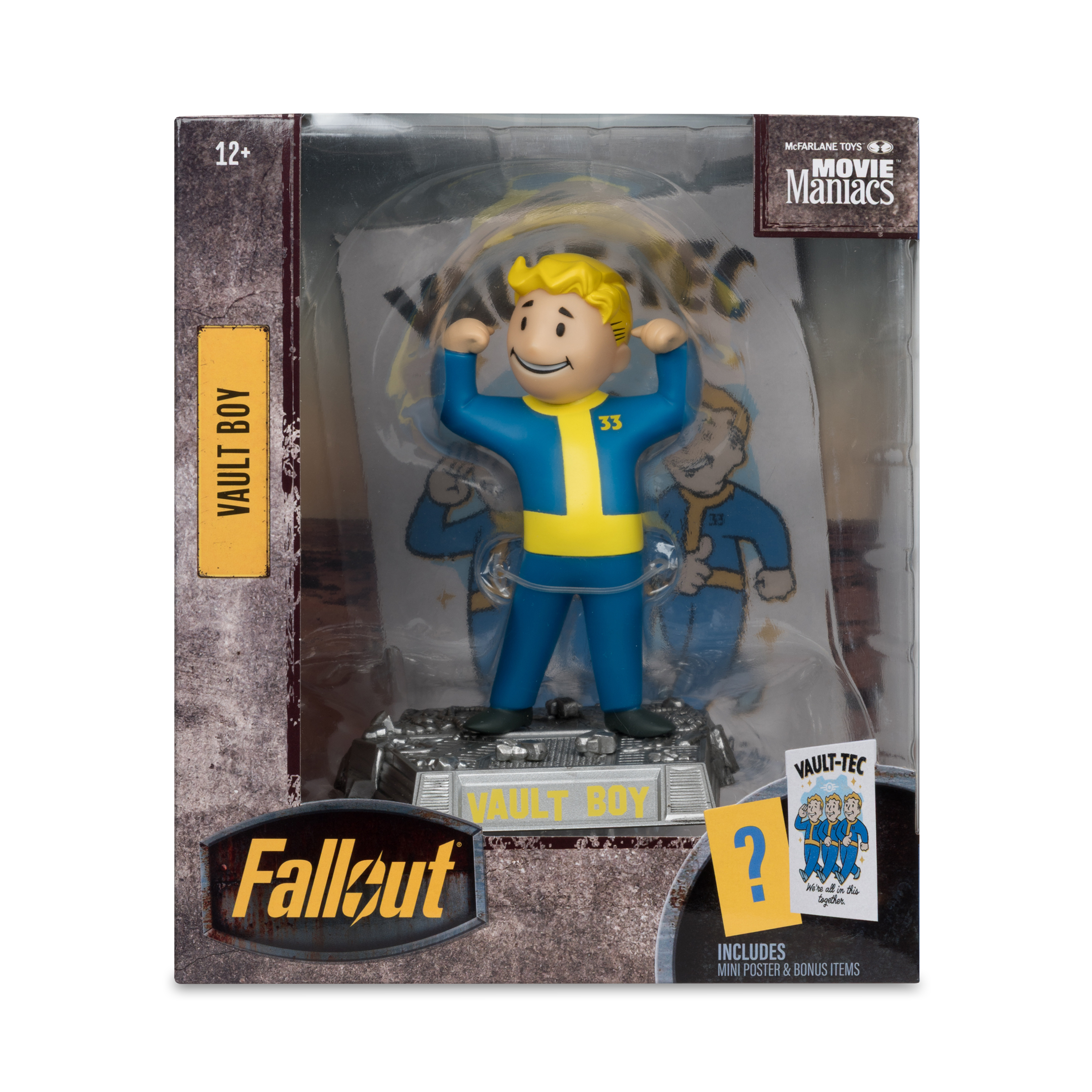 Una statuetta di Vault Boy in un completo blu e giallo, in scatola. La scatola dice Fallout, Vault Boy e include un mini poster.