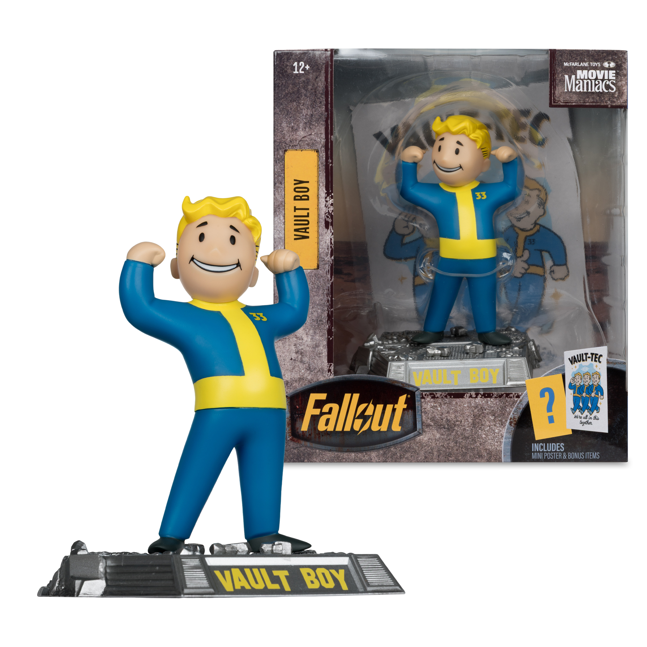 Una statuetta di Vault Boy in blu e giallo, con le braccia alzate, accanto alla sua scatola, che mostra una figura simile.
