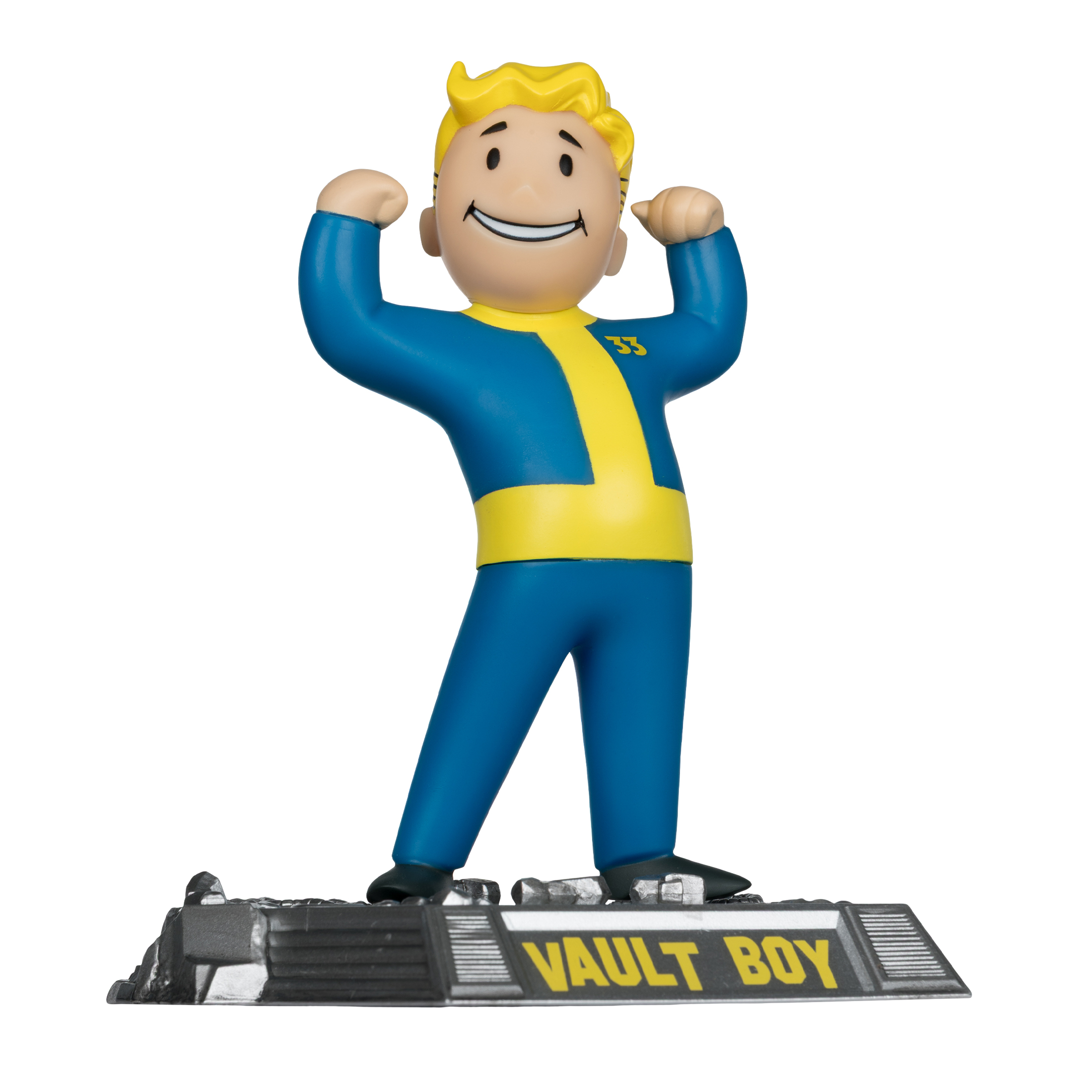 Statuetta di Vault Boy in completo blu e giallo, braccia alzate. In piedi su una base con scritto 'VAULT BOY'.
