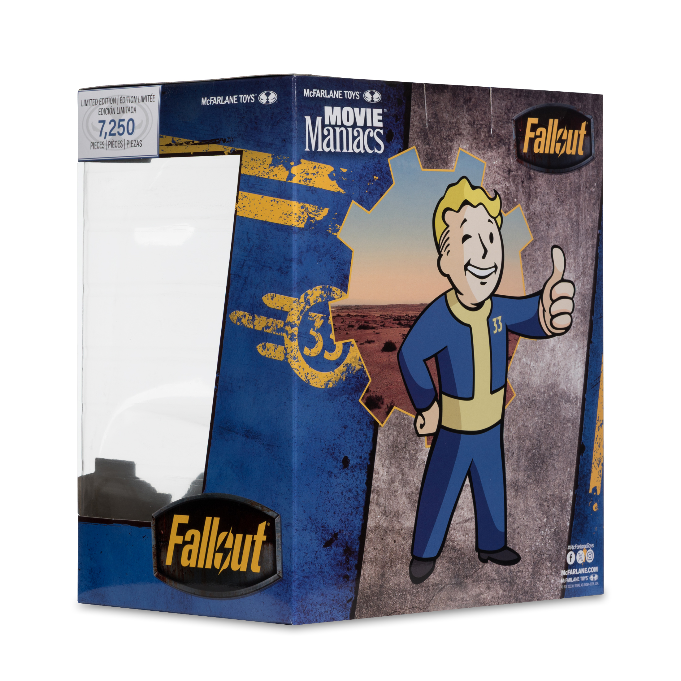Eine Fallout Movie Maniacs-Box. Sie hat eine Vault Boy-Figur, die einen Daumen hoch gibt. Die Box ist blau mit gelben Akzenten.