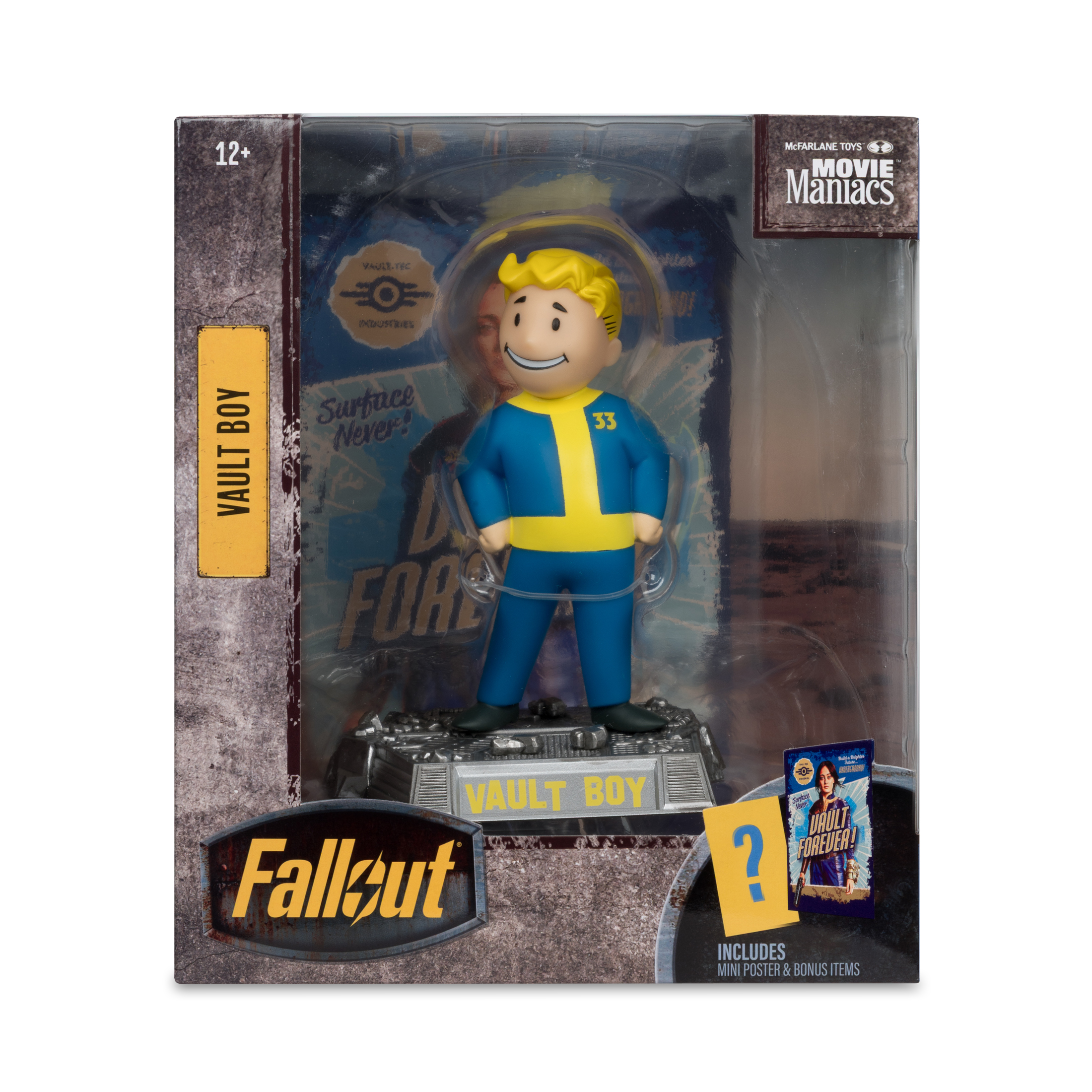 Vault Boy-Figur in einer Verpackung. Die Figur ist blau und gelb. Die Verpackung zeigt das Fallout-Branding.