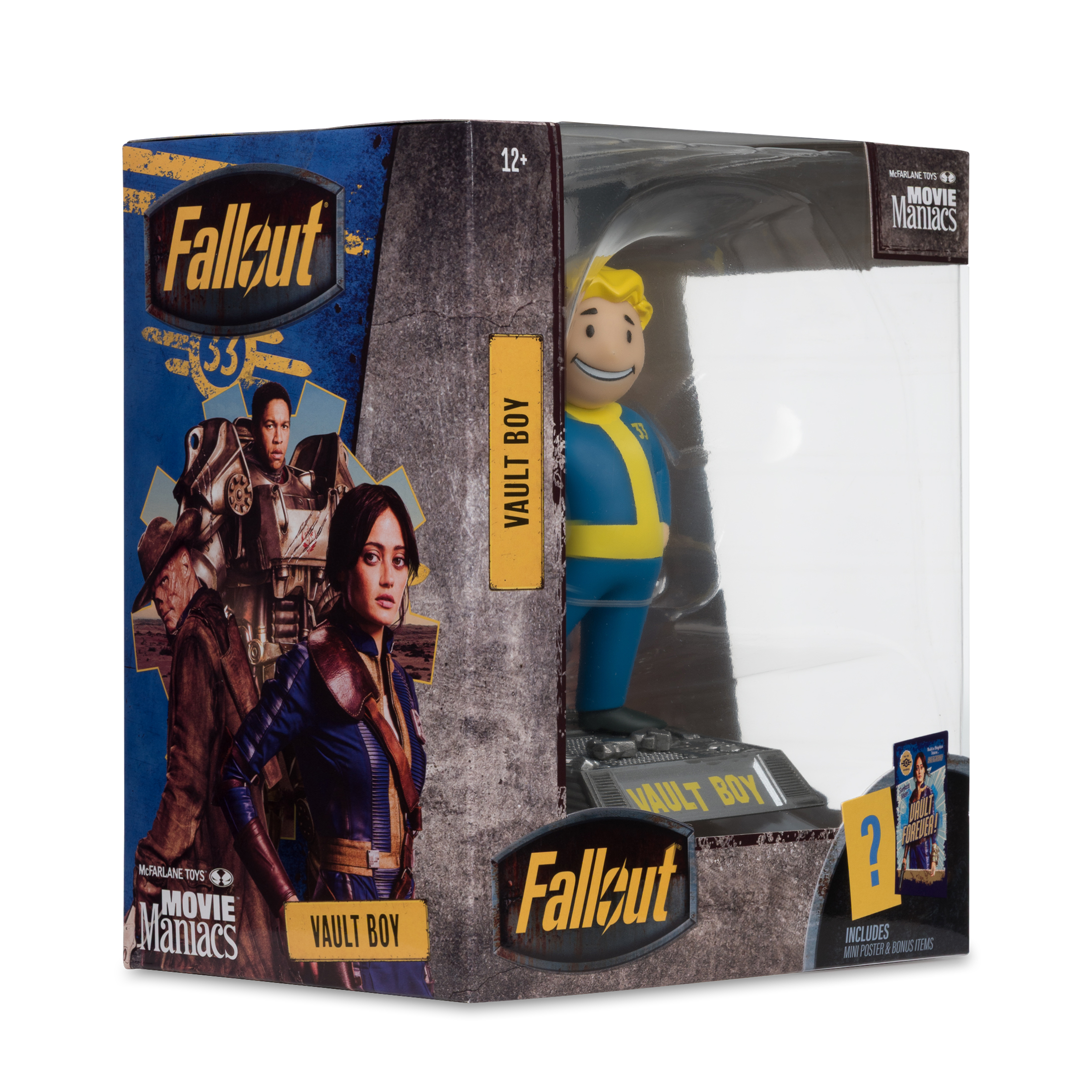 Eine Fallout Vault Boy Figur in einer Box. Die Box hat Bilder von Charakteren und dem Fallout-Logo. Es ist ein McFarlane Toy.