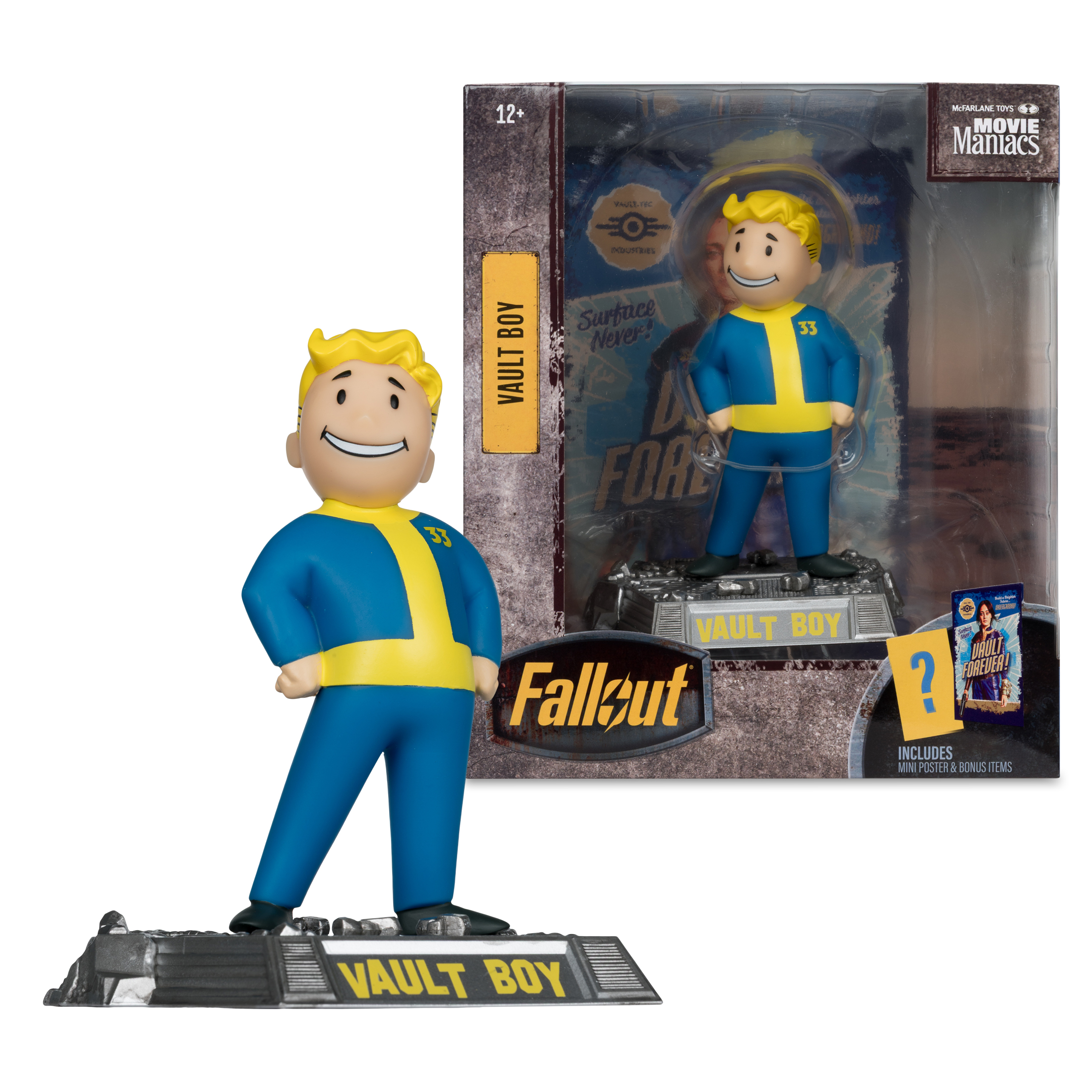Eine Vault-Boy-Figur steht neben ihrer Box. Die Figur ist blau und gelb und hat ein lächelndes Gesicht. Auf der Box steht Fallout.