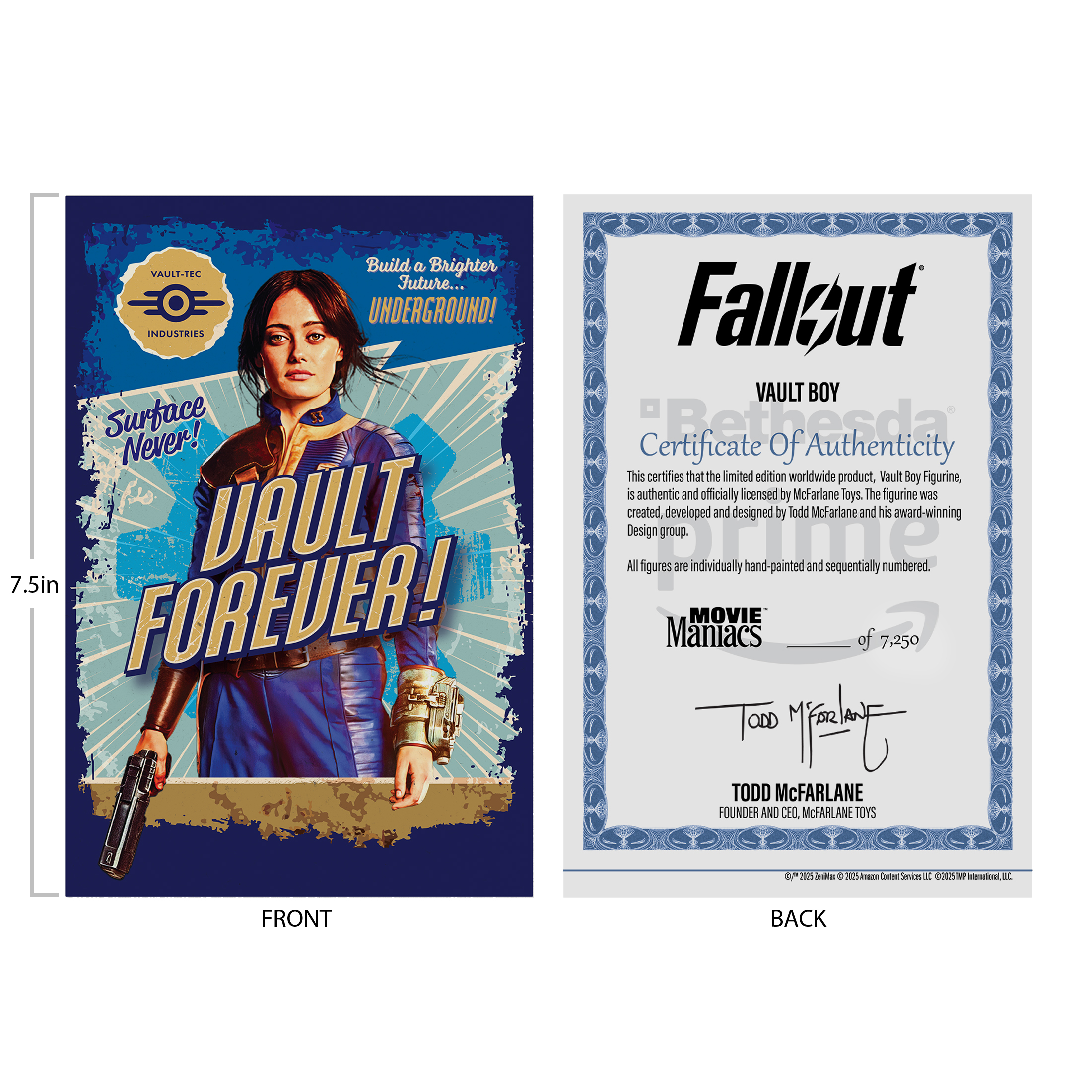 Ein Poster mit einer Frau in einem blauen Anzug, die eine Pistole hält. Text: Vault Forever! Echtheitszertifikat.