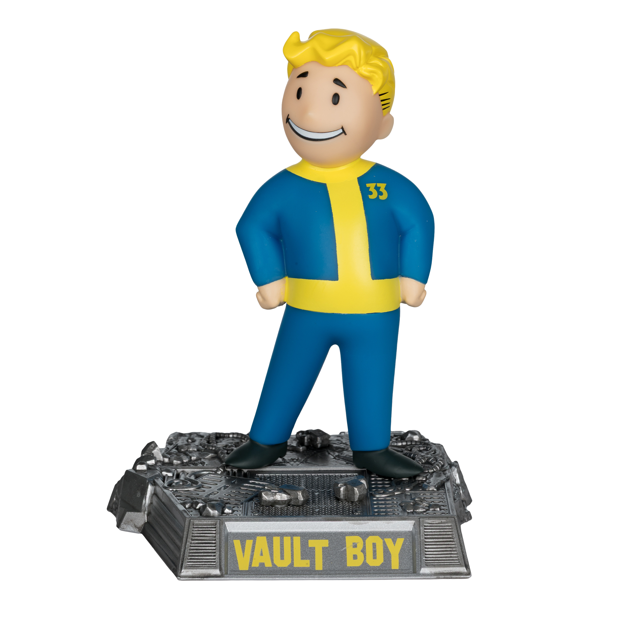 Vault Boy-Figur. Blauer und gelber Anzug, blondes Haar, lächelnd. Steht auf grauem Sockel mit 'VAULT BOY'-Text.