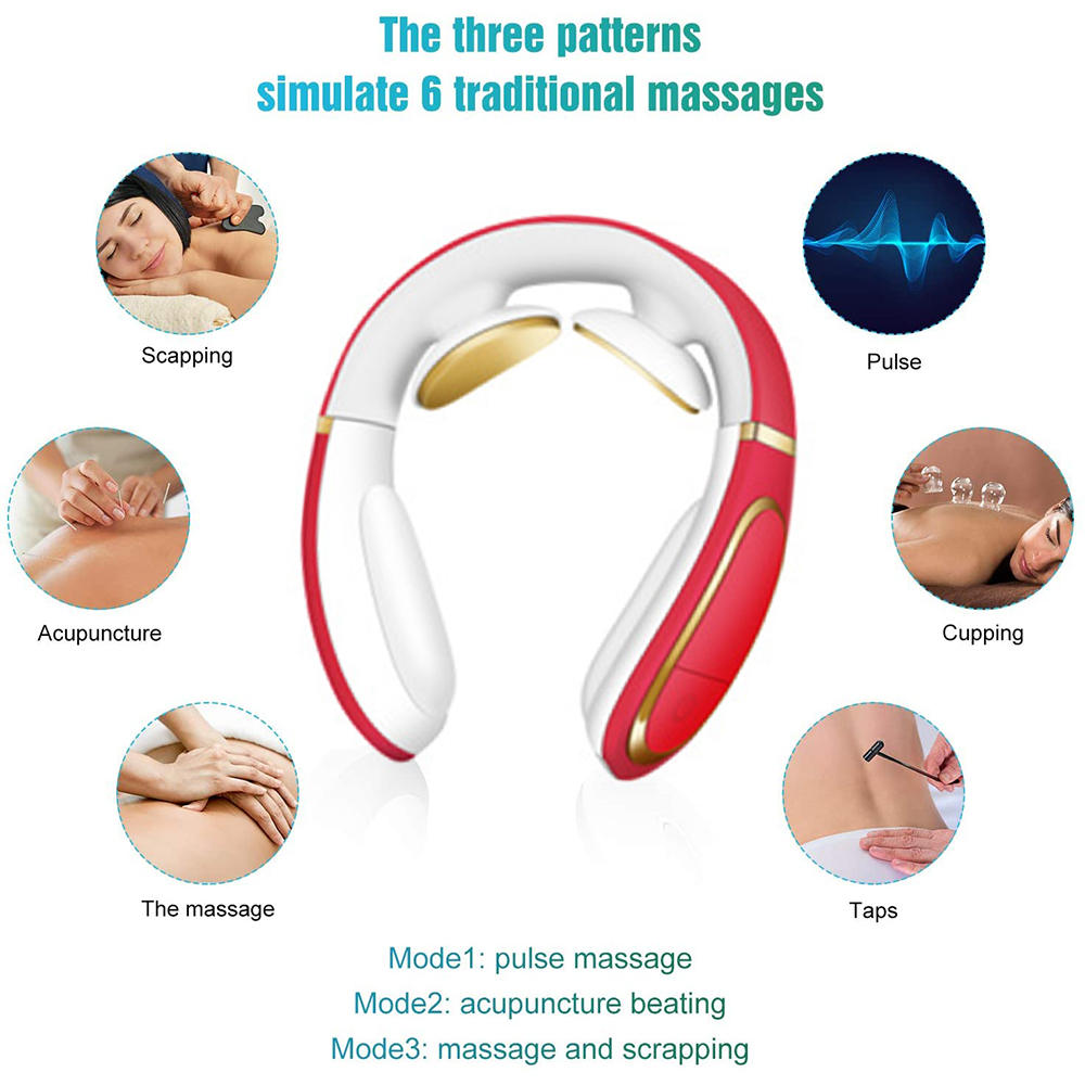Das Bild zeigt ein Nackenmassagegerät und Diagramme von Massagetechniken wie Akupunktur, Schröpfen und Klopfen. Text erklärt Massagemodi.
