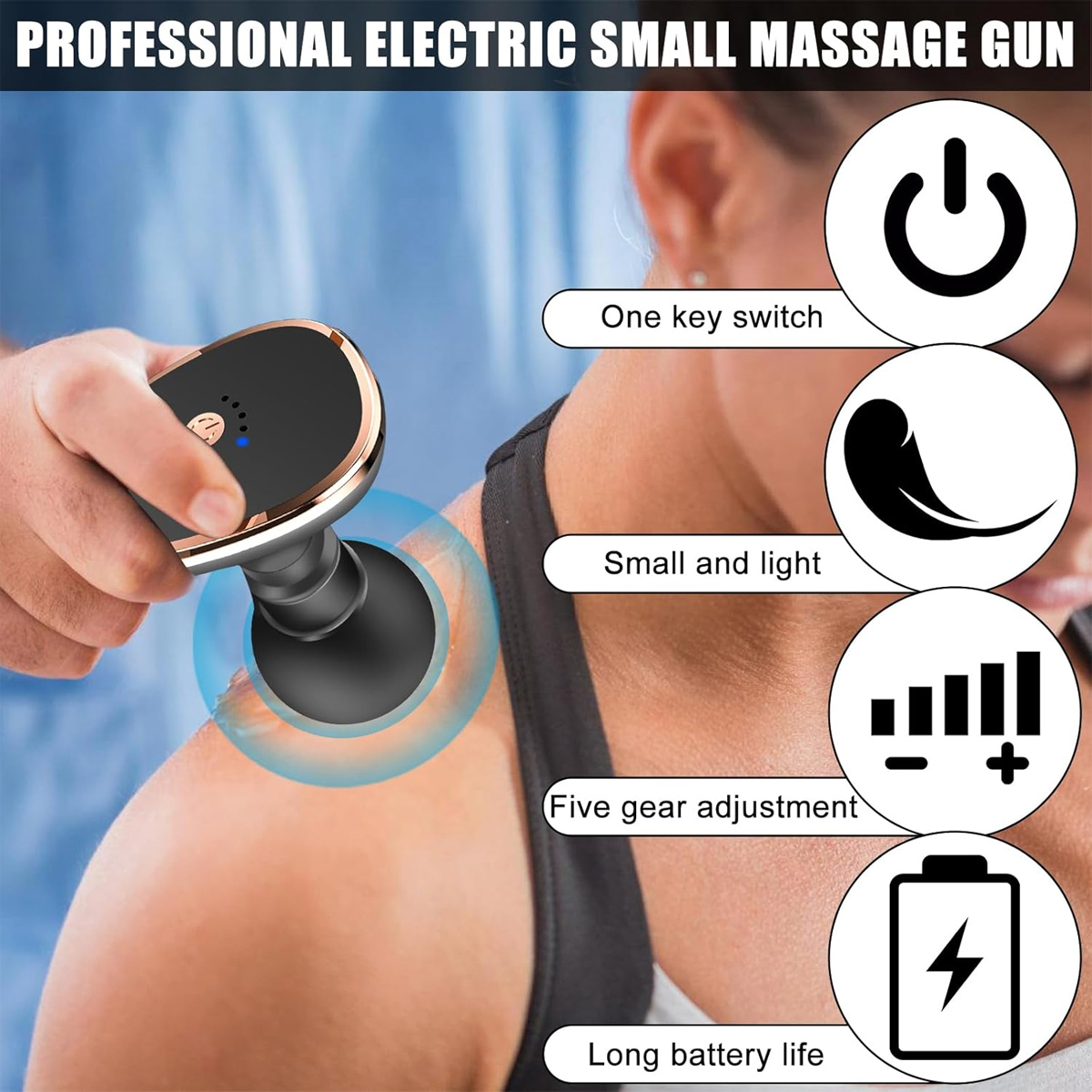 Eine Person benutzt eine Massagepistole auf einer Schulter. Die Pistole ist schwarz und gold. Grafiken zeigen Funktionen wie Ein-Knopf-Schalter.