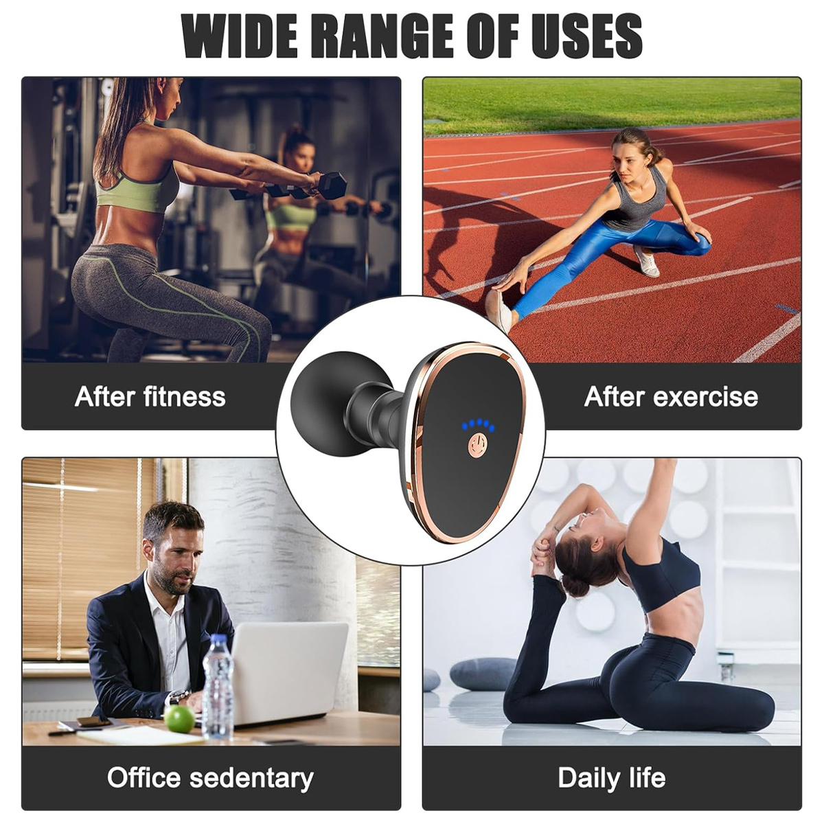 Das Bild zeigt die Verwendung eines Headsets. Szenen: Fitness, Bewegung, Büro und Alltag. Menschen trainieren, arbeiten und dehnen sich.