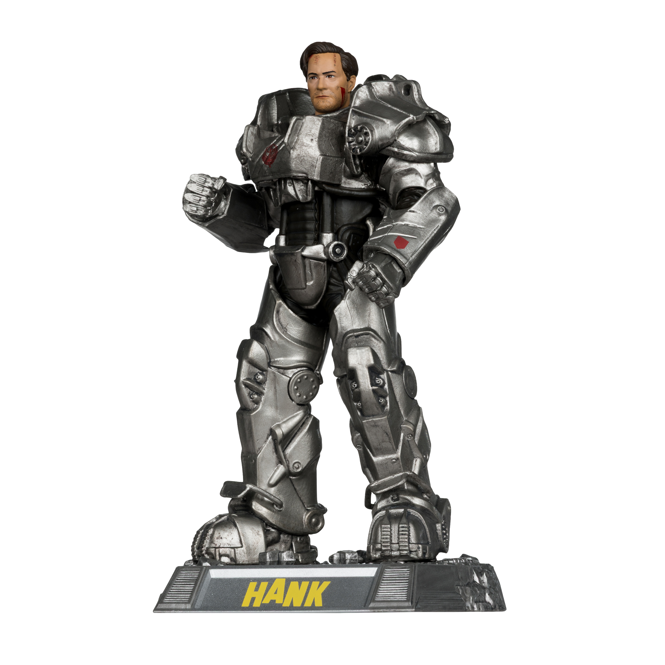 Statuetta di un uomo in armatura d'argento, con il nome "Hank" sulla base. La figura ha un'espressione seria ed è in posa da combattimento.