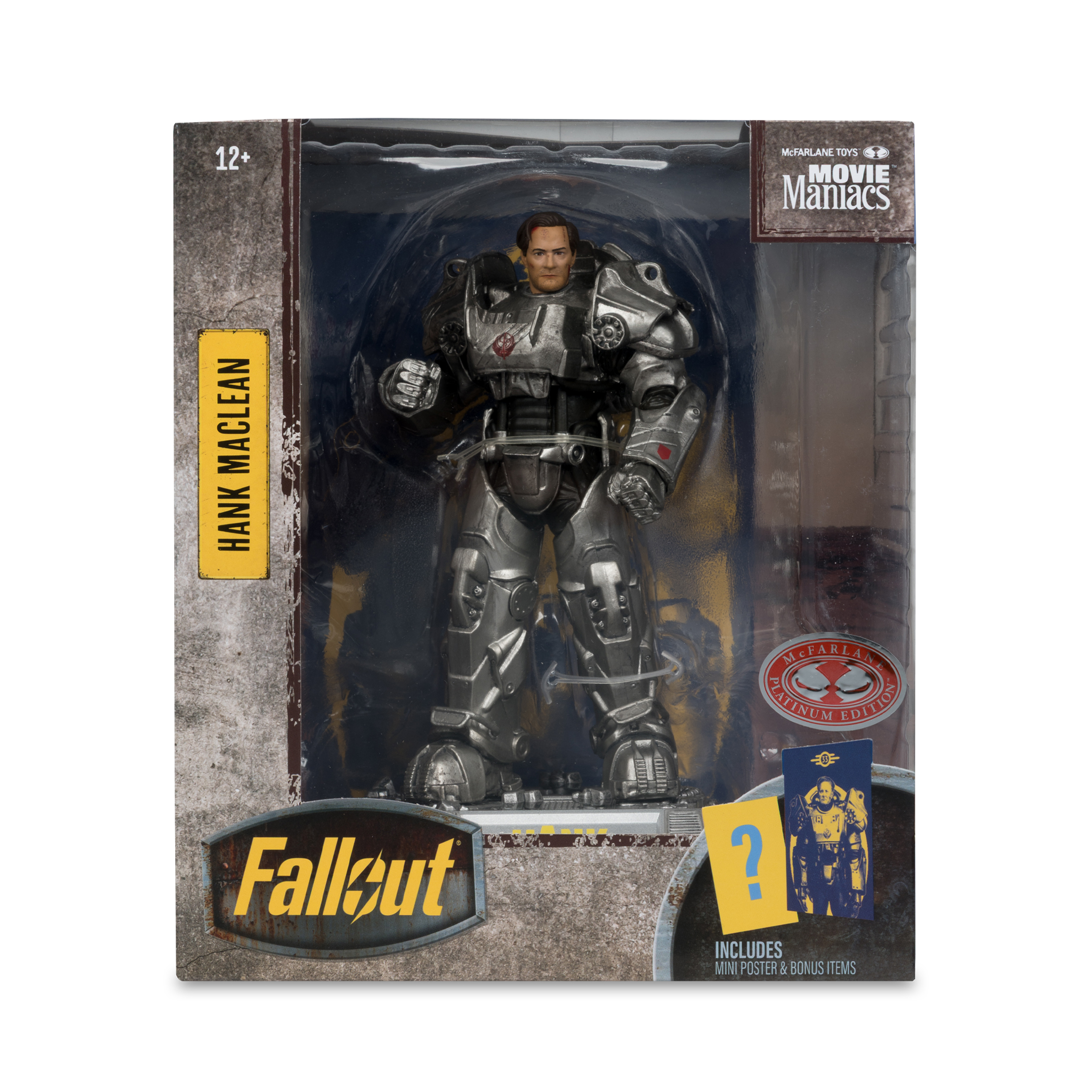 Un action figure di Fallout di Hank Maclean in armatura potenziata, in una scatola di plastica trasparente con il marchio Fallout e Movie Maniacs.
