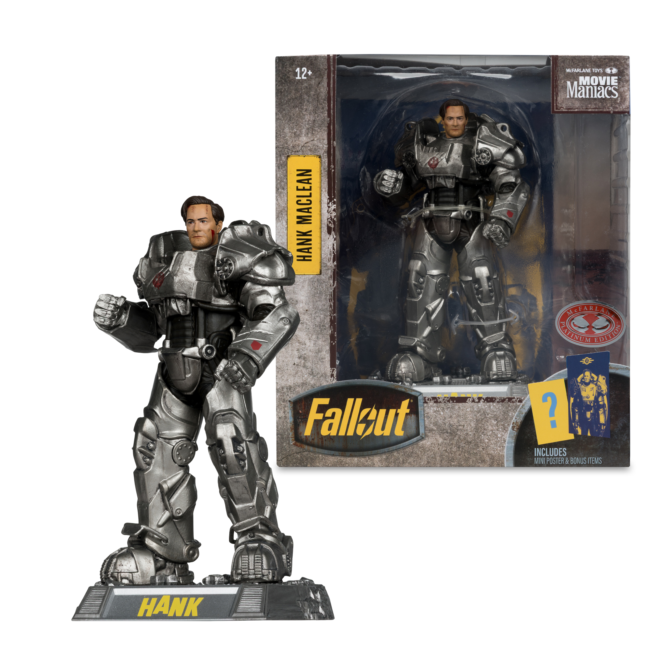 Figura di Hank Maclean in armatura potenziata di Fallout. È accanto alla sua action figure confezionata con il logo Fallout.