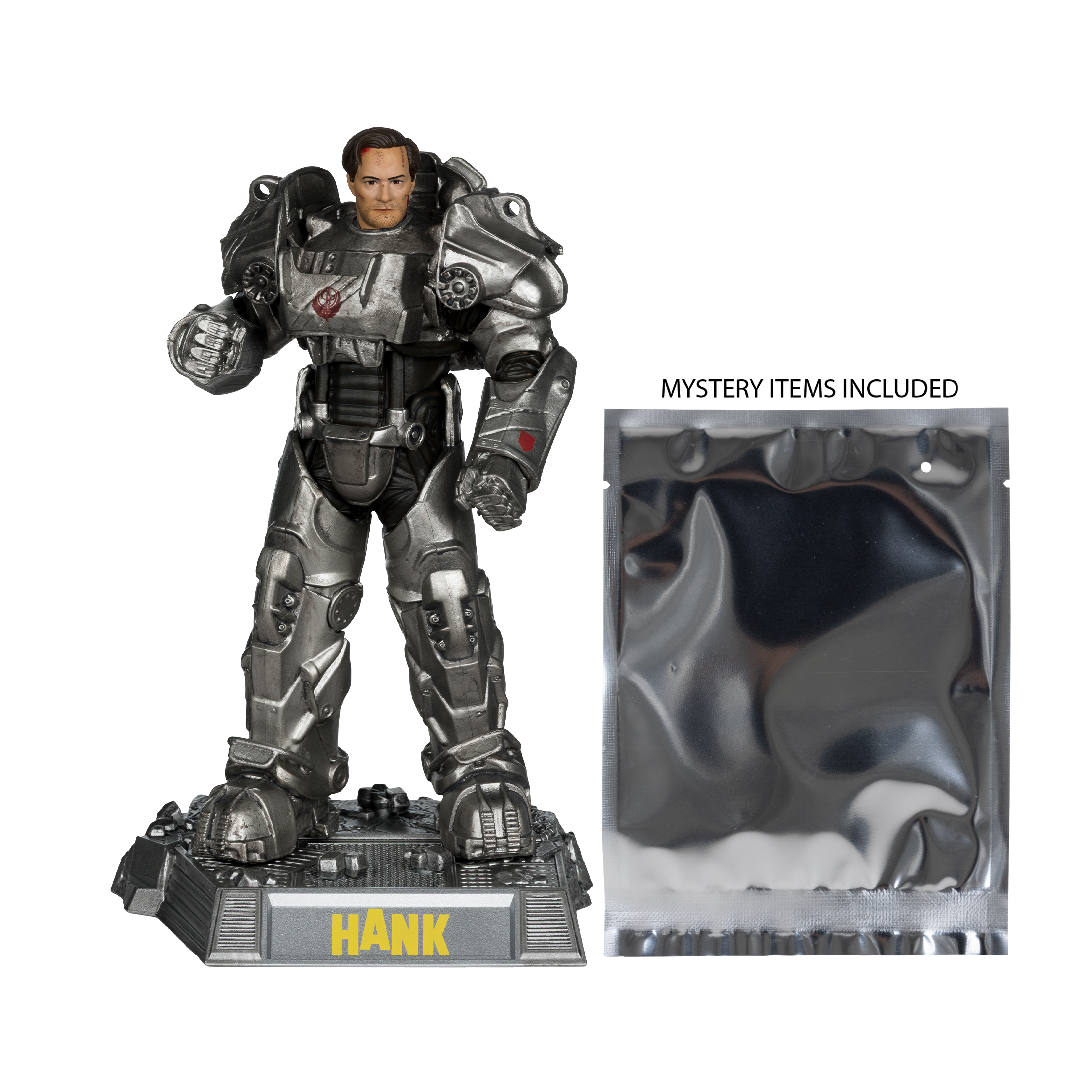 Una statua metallica di un uomo in armatura con un sacchetto di alluminio. La base dice 'HANK'.
