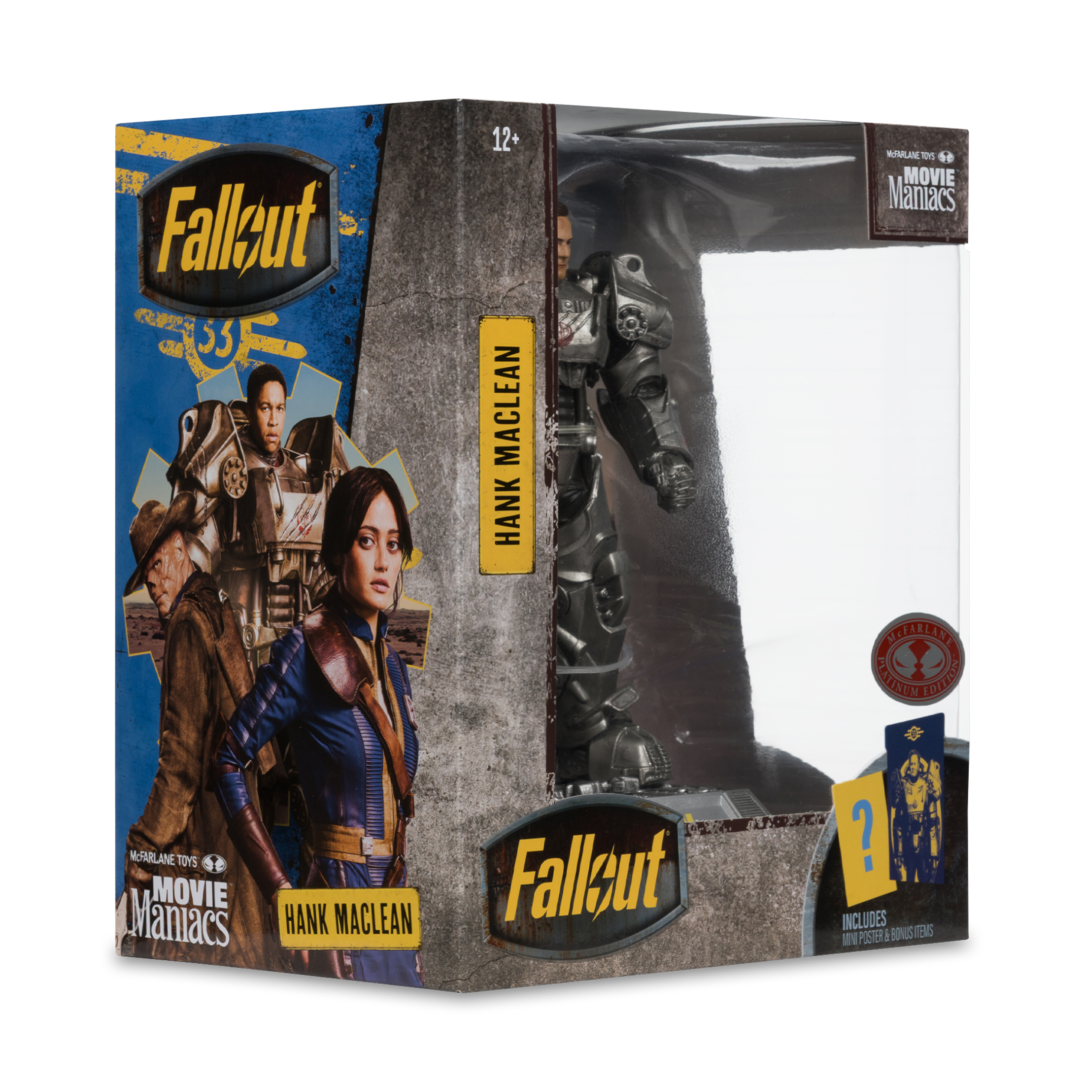 Una scatola di action figure di Fallout. Presenta personaggi e una figura di armatura potenziata. La scatola ha i loghi Fallout e Movie Maniacs.