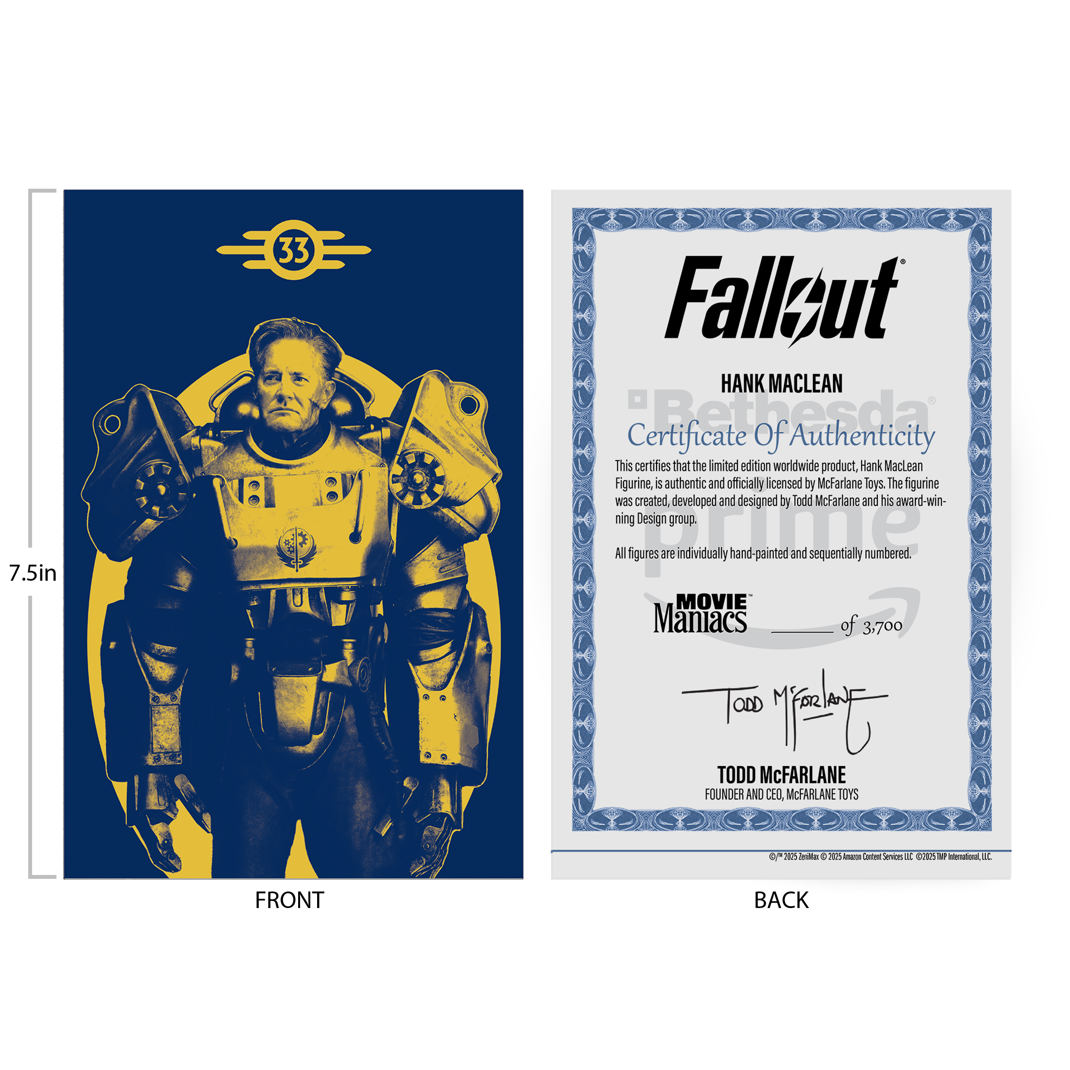 Un poster con un personaggio in armatura potenziata a sinistra e un certificato a destra. Entrambi a tema Fallout.