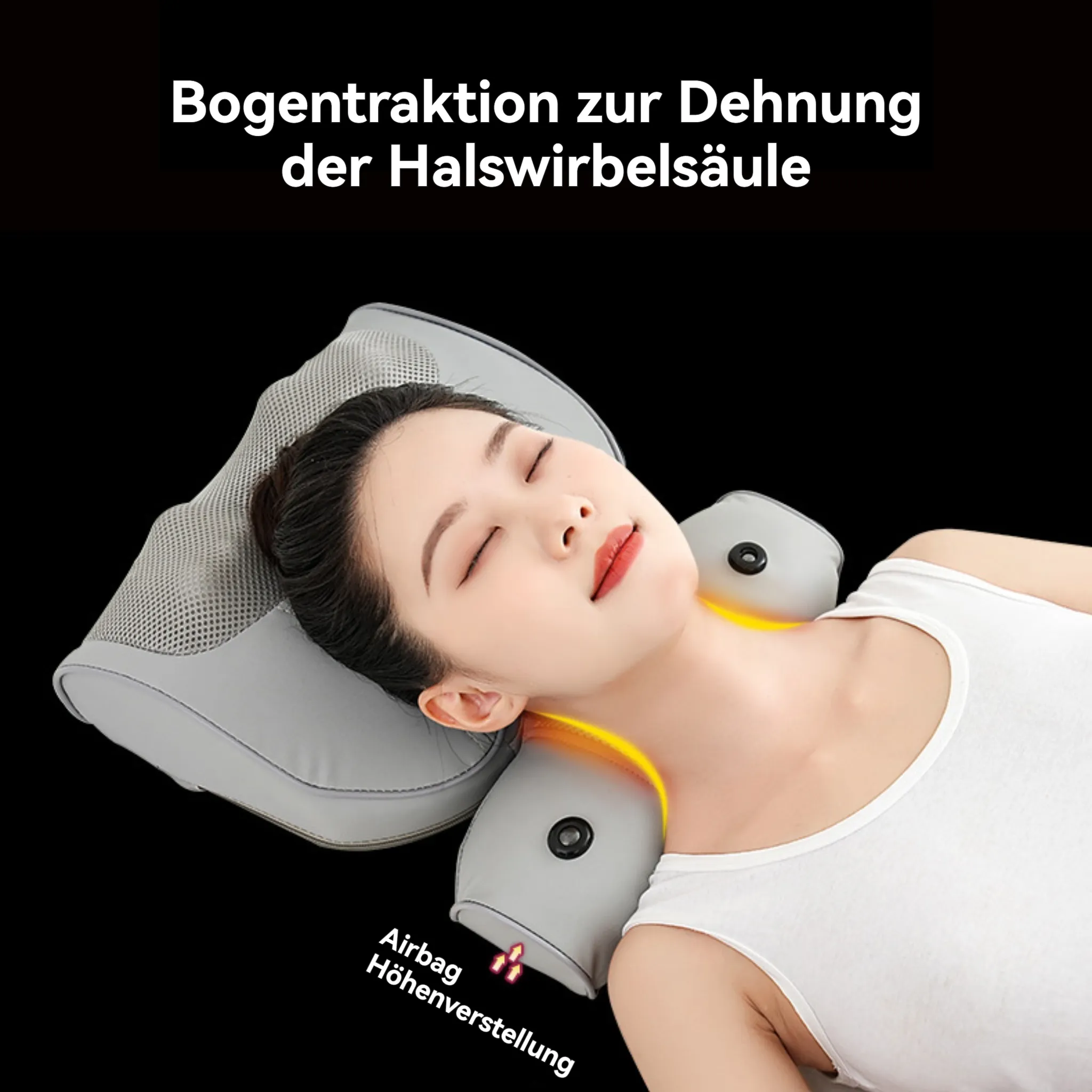 Eine Frau liegt mit geschlossenen Augen auf einem grauen Nackenkissen. Text auf Deutsch: 'Halsdehnung'.