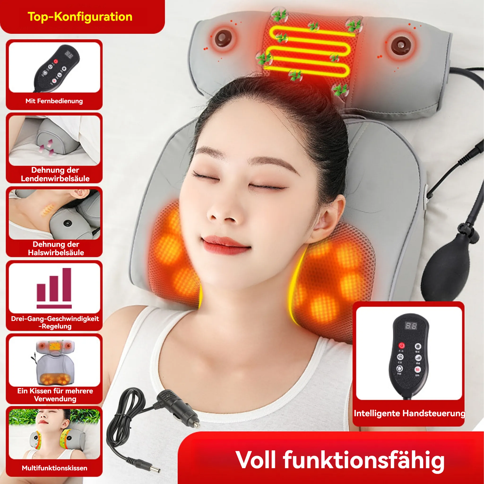 Eine Frau liegt mit einem Nackenmassagegerät. Es hat eine Fernbedienung und ist rot und grau. Das Bild zeigt die Funktionen.