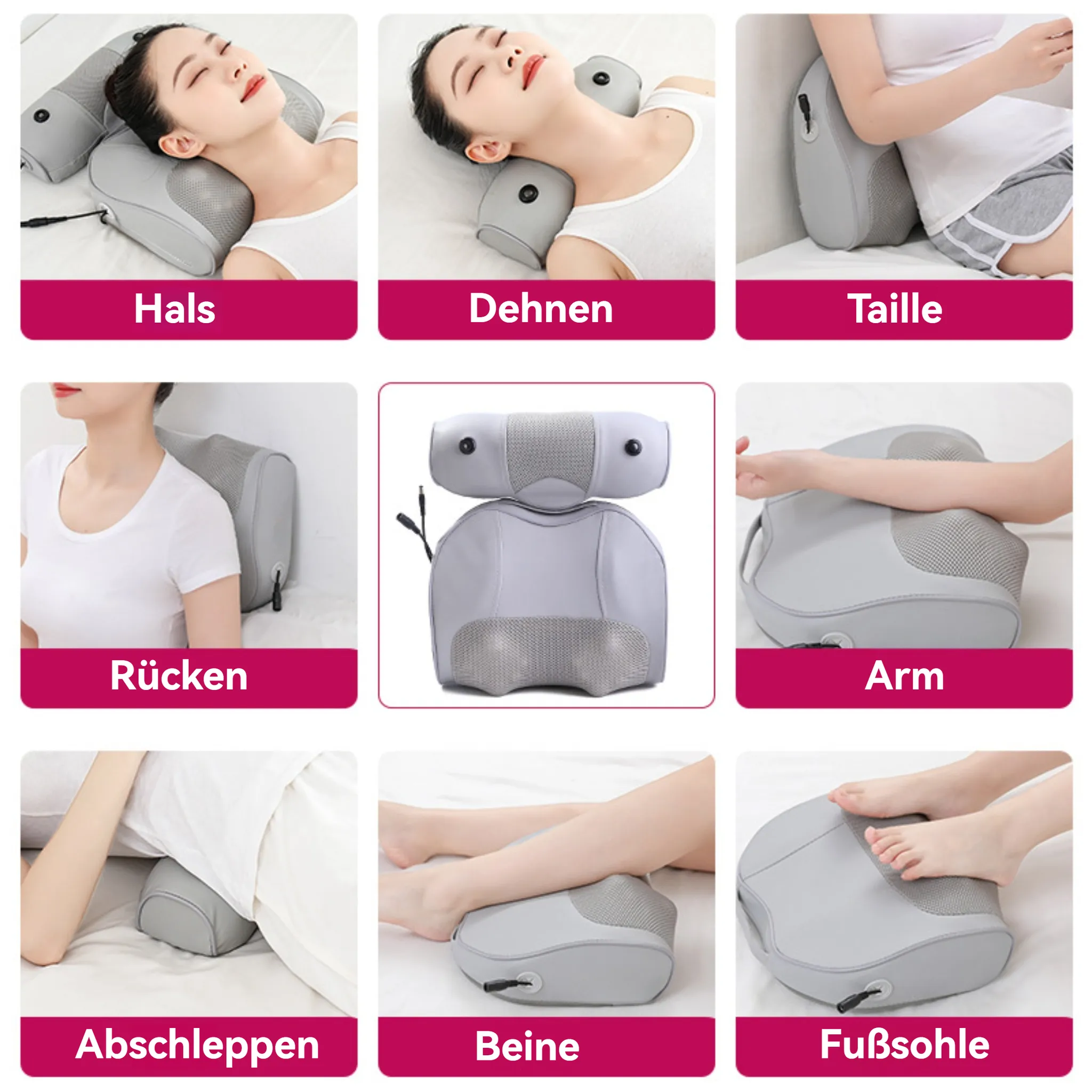 Das Bild zeigt ein Massagekissen, das an verschiedenen Körperteilen verwendet wird. Es umfasst Nacken, Rücken, Arm, Beine und Füße mit dem Gerät.