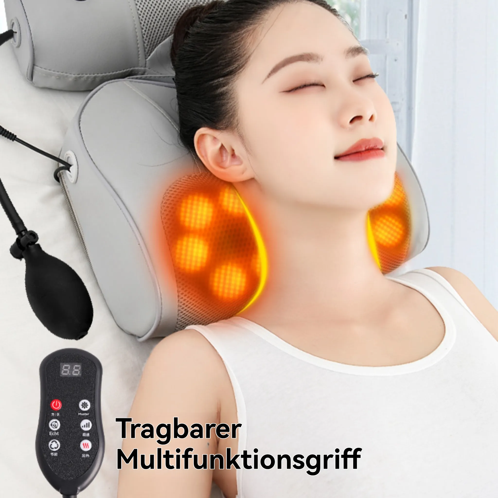 Frau mit geschlossenen Augen, Nackenmassagegerät an. Das Massagegerät ist grau mit orangefarbenen Lichtern. Fernbedienung und Pumpe links.