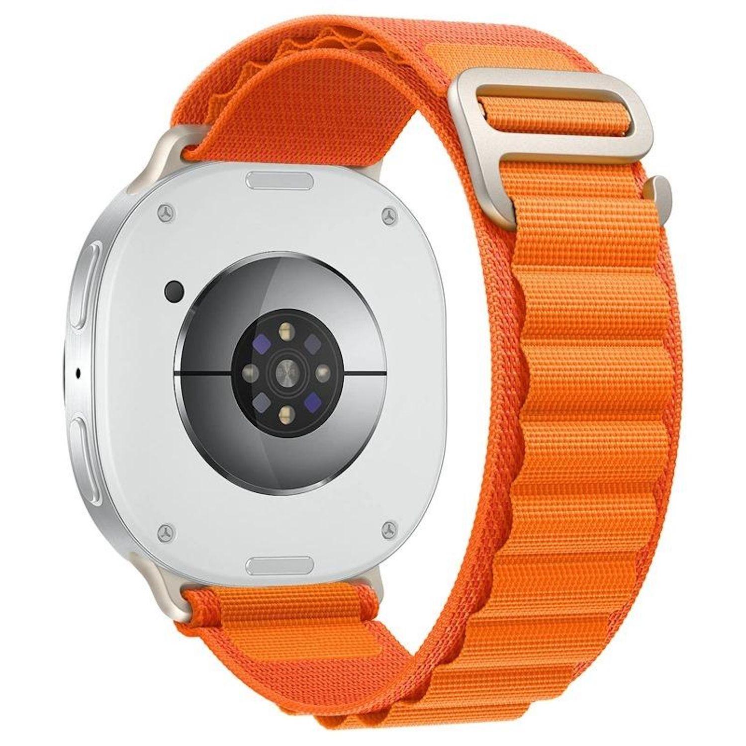 Smartwatch argentato con cinturino arancione. L'orologio ha un retro bianco con sensori. Il cinturino è in tessuto e ha una fibbia in metallo.
