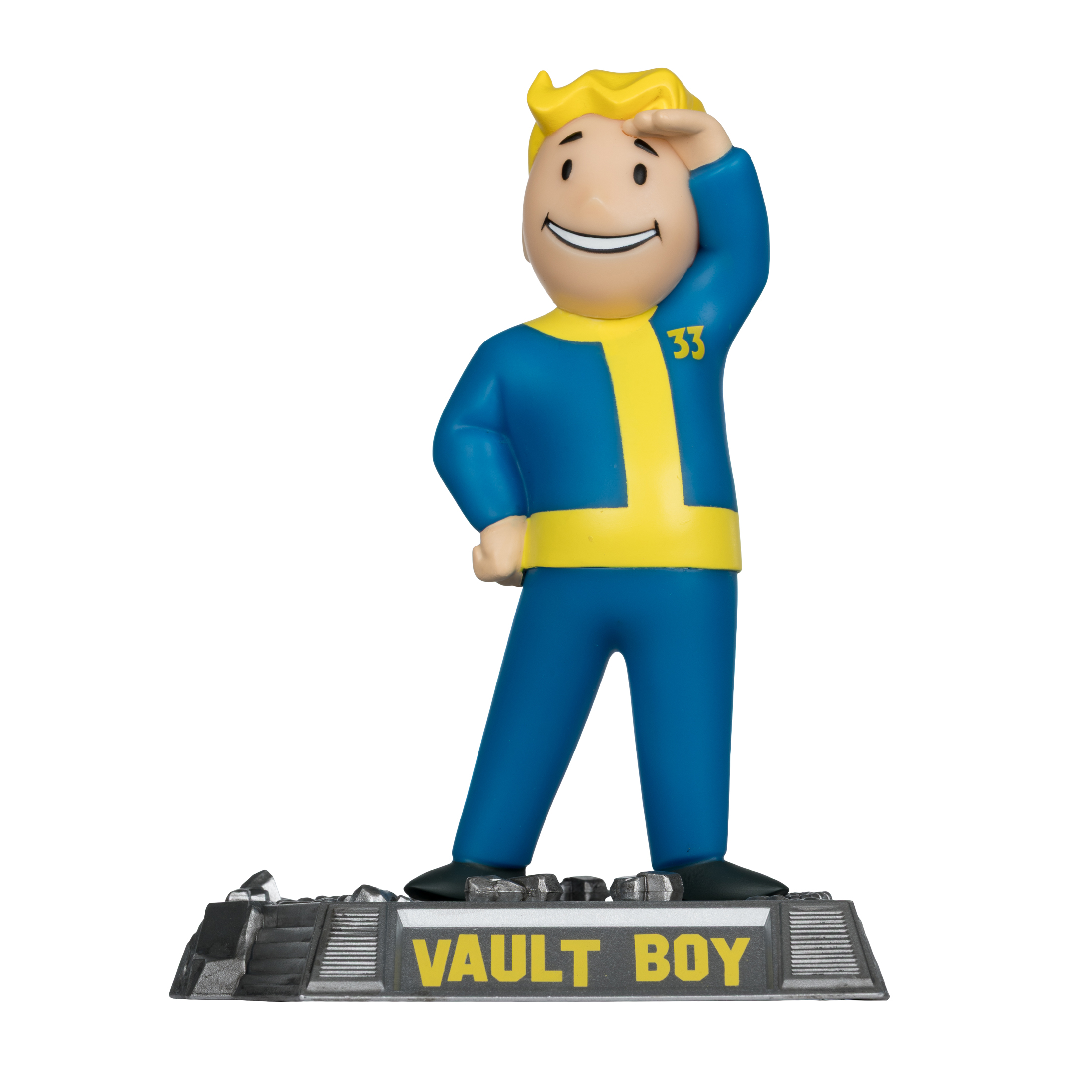 Vault Boy Figur in blauem Anzug, gelben Akzenten und der Zahl 33, salutierend. Steht auf einem Sockel mit der Aufschrift 'VAULT BOY'.