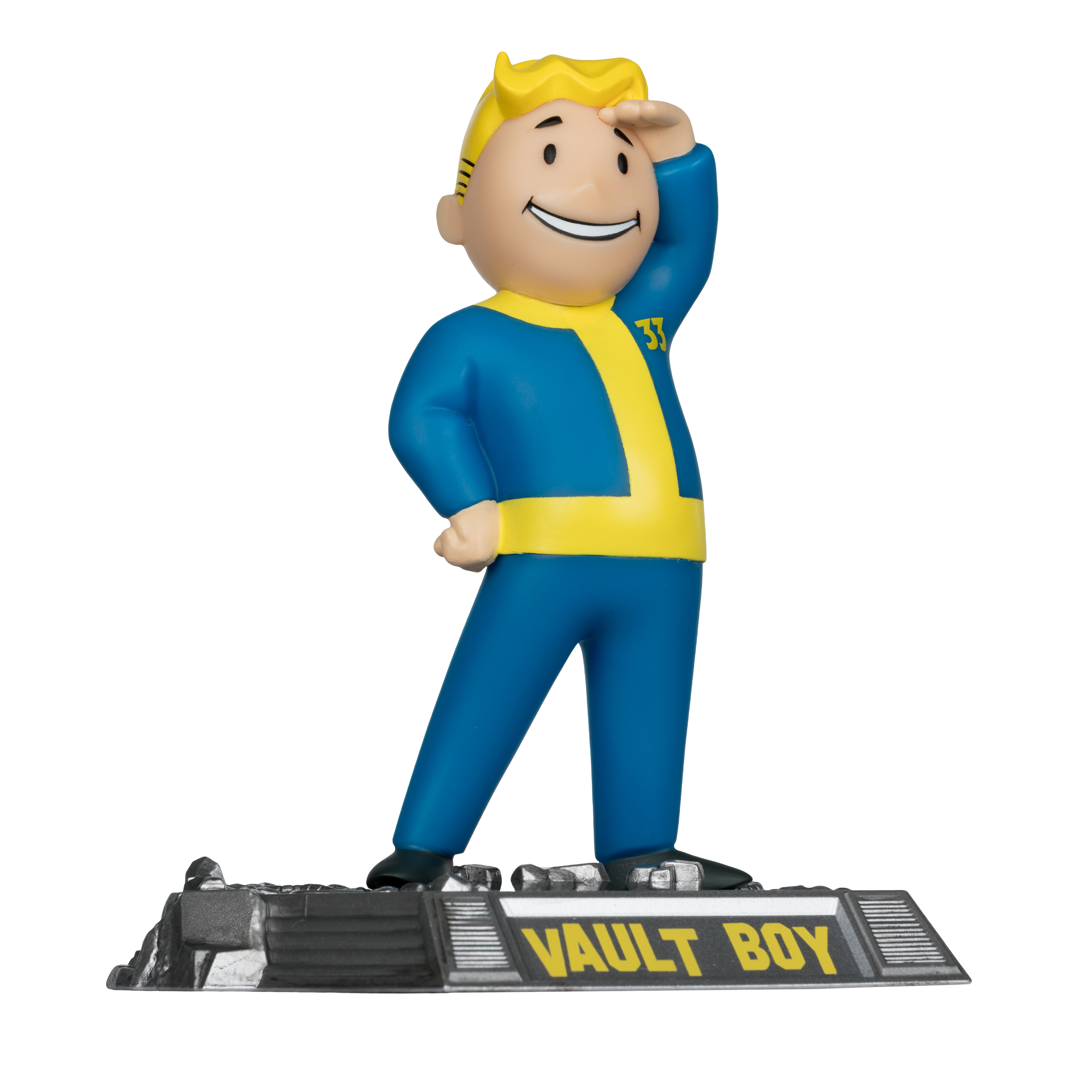 Eine Vault Boy-Figur in einem blau-gelben Anzug, die salutiert. Sie steht auf einer grauen Basis mit der Aufschrift 'VAULT BOY'.