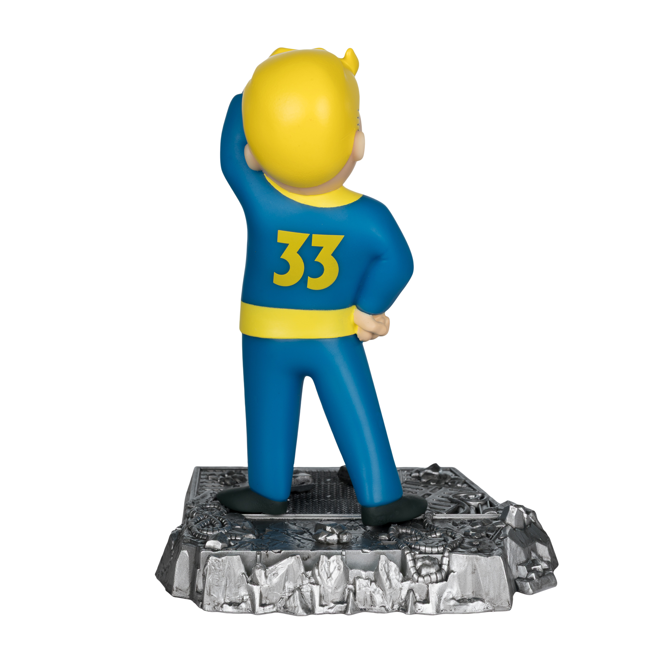 Eine Figur von Vault Boy in blauem und gelbem Anzug, Nummer 33 auf dem Rücken, stehend auf einem grauen Sockel, weißer Hintergrund.