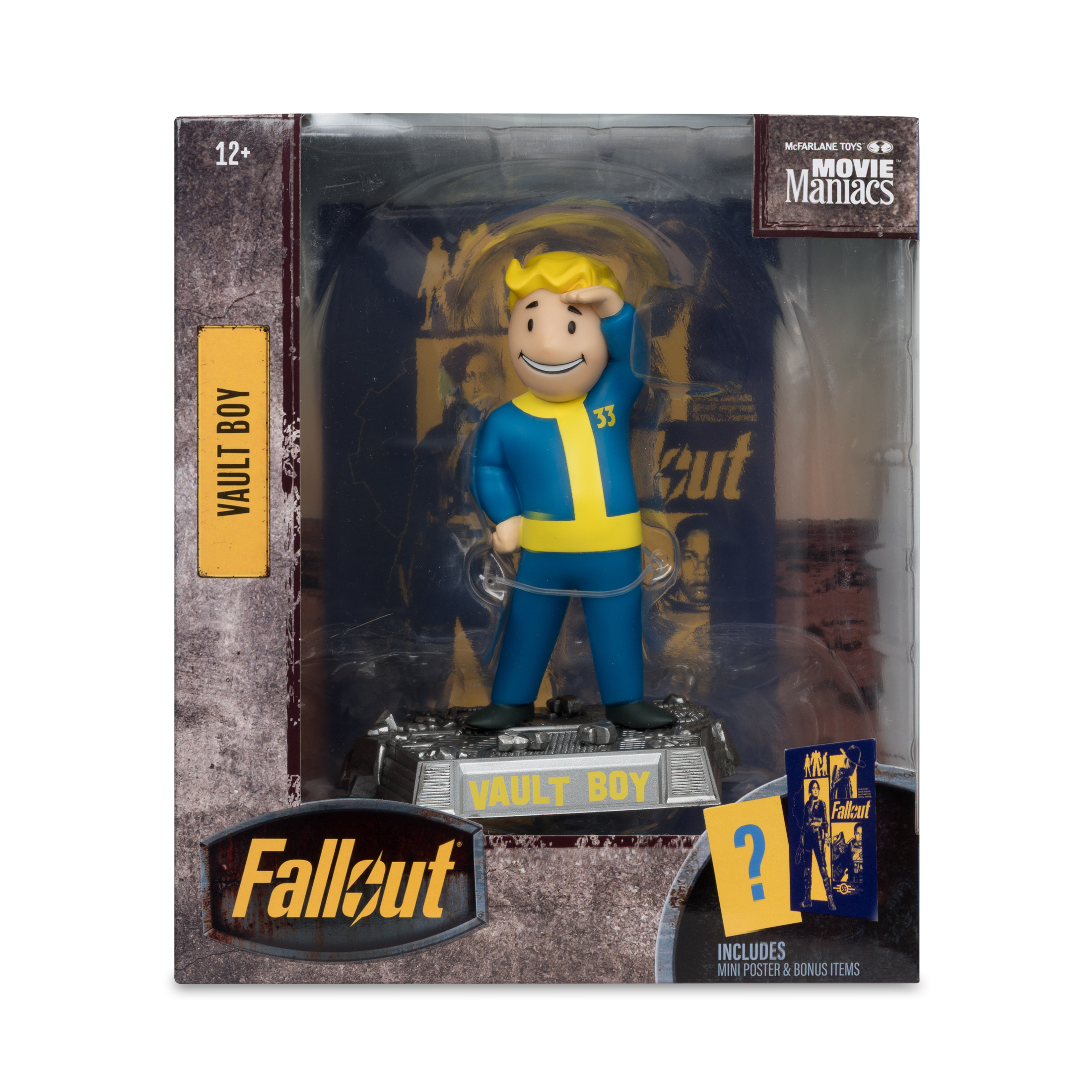 Eine Vault Boy-Figur in einer Box. Die Figur ist blau und gelb. Die Box hat Aufschriften 'Fallout' und 'Vault Boy'.