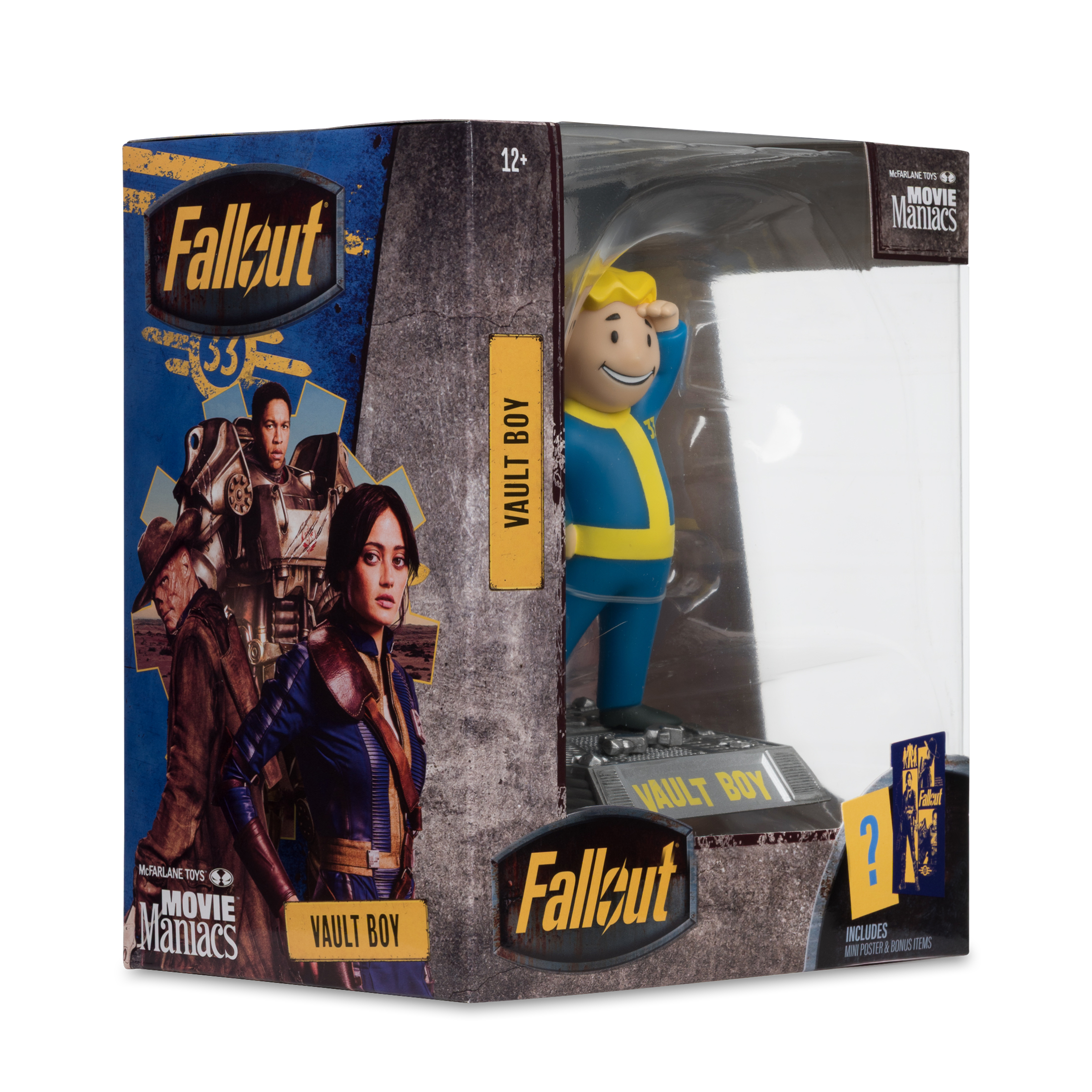 Eine Fallout Vault Boy Figur in einer Box. Die Box hat Bilder von Charakteren und dem Fallout-Logo. Die Figur ist blau und gelb.