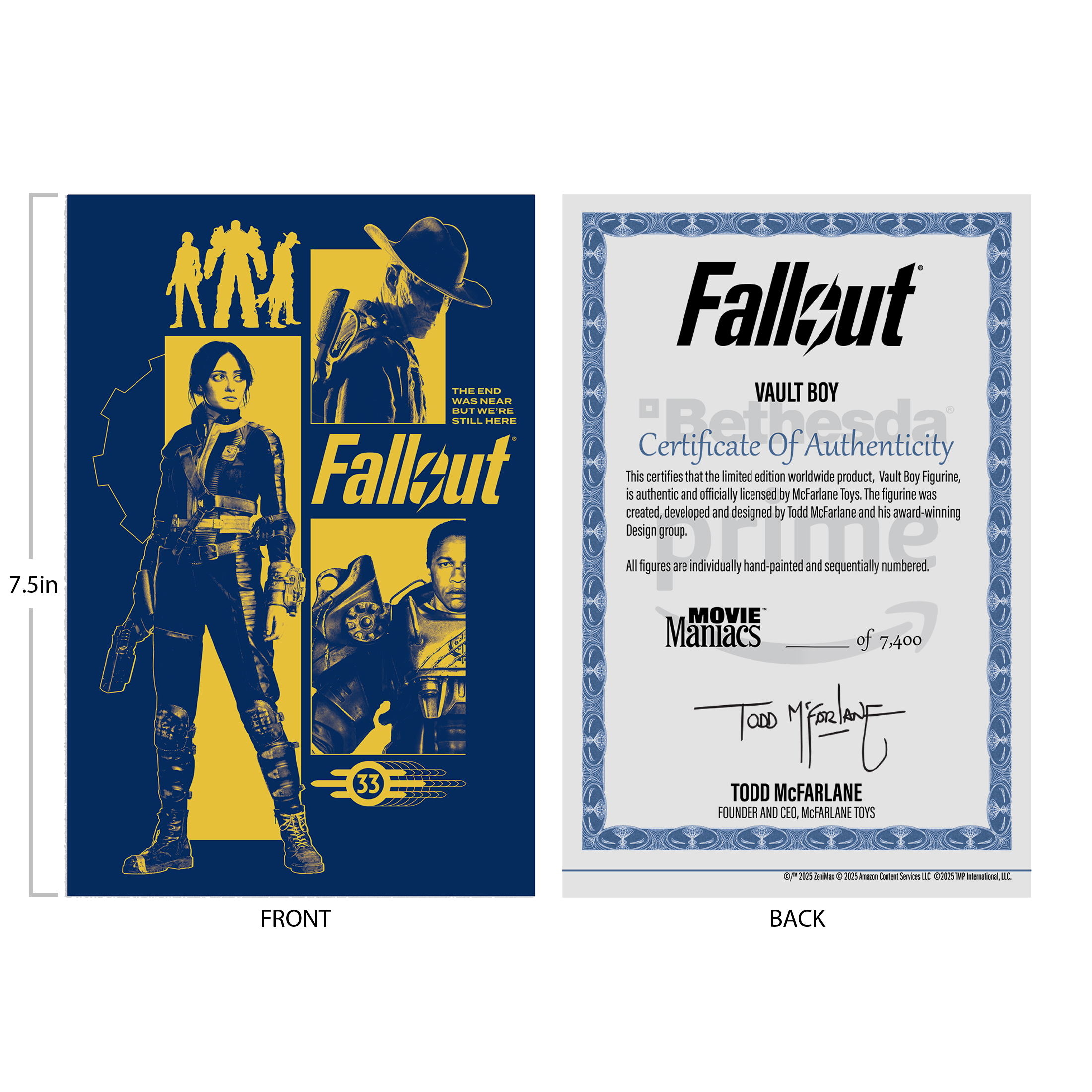 Ein Fallout-Poster mit einer Frau und einem Vault Boy-Zertifikat. Farben: Blau, Gelb und Schwarz. Text: Fallout, Vault Boy und Todd McFarlane.