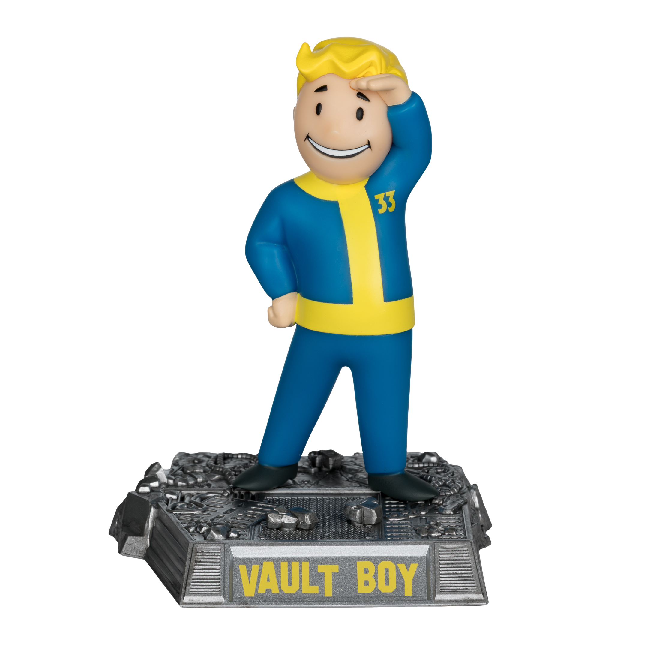 Vault Boy Figur in blau-gelber Kleidung, salutierend. Es steht auf einem grauen Sockel mit dem Schriftzug 'VAULT BOY'.