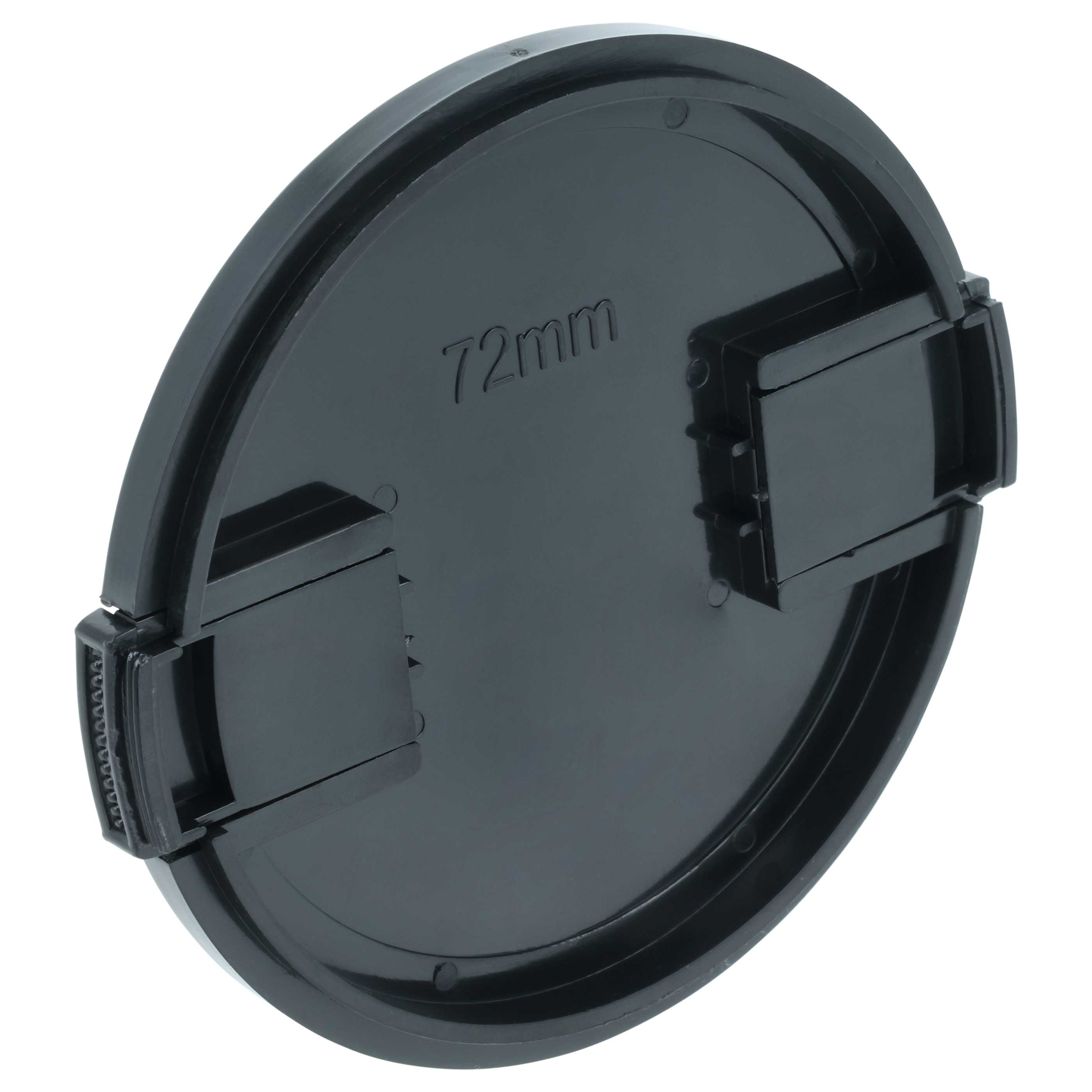 Eine schwarze Objektivkappe mit 72mm-Markierung. Mit zwei Clips und rundem Design.