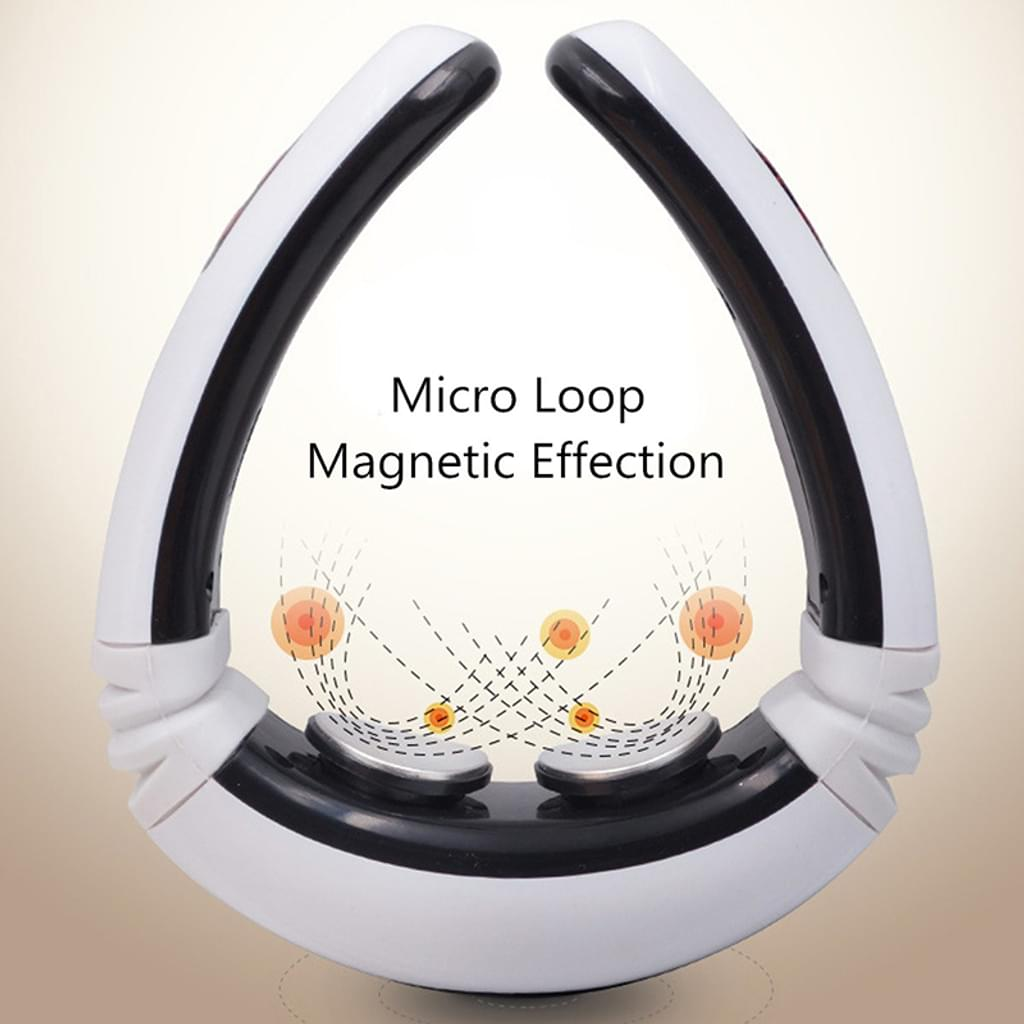 Ein weiß-schwarzes Nackenmassagegerät mit den Worten 'Micro Loop Magnetic Effection'. In der Mitte befinden sich 3 orangefarbene Kreise.