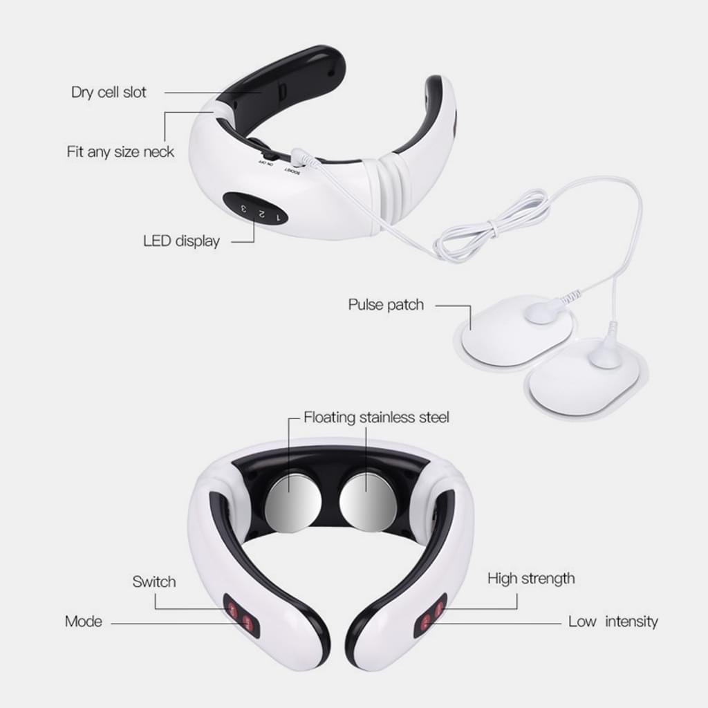 Ein weiß-schwarzes Nackenmassagegerät mit Pulspflastern. Es hat eine LED-Anzeige und Bezeichnungen wie 'Schalter', 'Modus' und 'Intensität'.