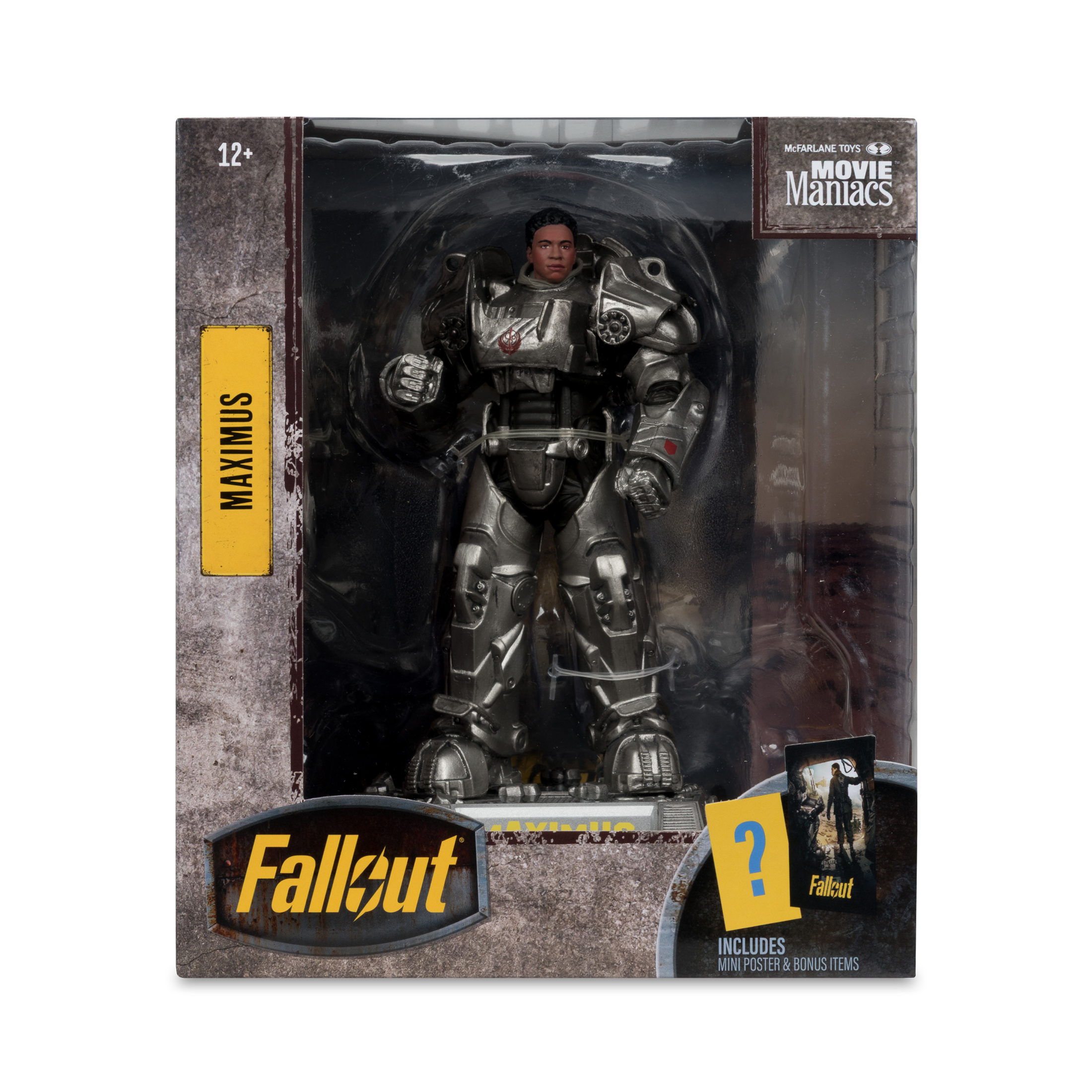 Una action figure di Fallout Maximus in scatola. La figura è argentata. La scatola ha il logo Fallout e include oggetti bonus.